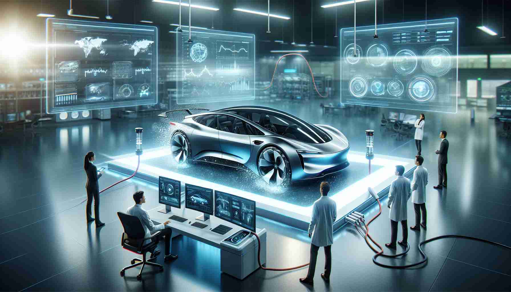 A high-definition, realistic image illustrating a new breakthrough in electric vehicle technology. The scene shows a modern, sleek, and aerodynamic electric car exposed in a bright, futuristic laboratory-style environment. Engineers of various descents, two women and two men, are monitoring digial screens depicting graphs and data associated to this novel technology. The vehicle is connected to a state-of-the-art charging station, with visible electricity particles to emphasize the innovation. Lighting provides a subtle glowing effect around the vehicle, symbolizing its efficiency and environmental friendliness.