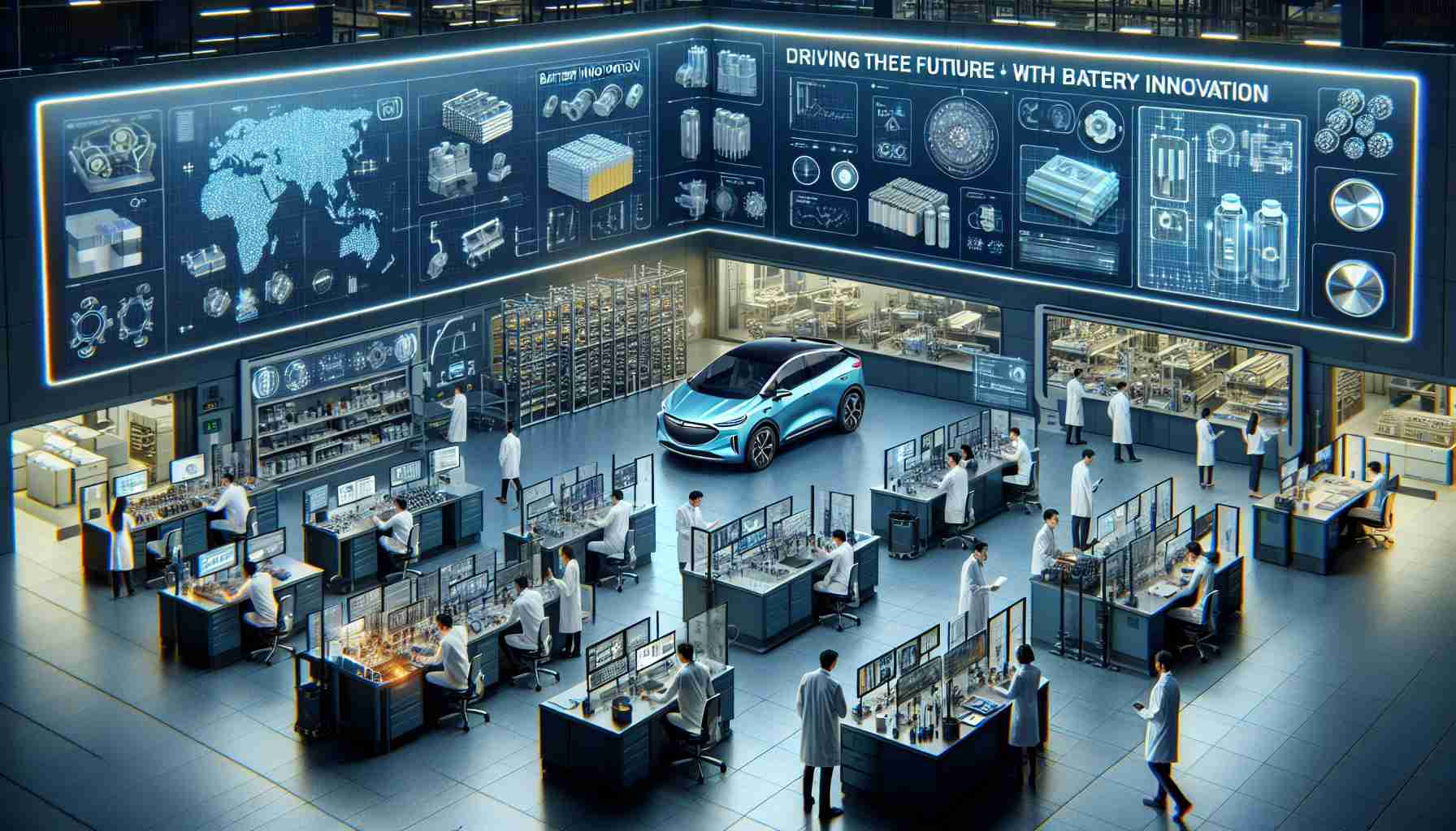 A detailed, high-definition image representing GM's advancements in battery innovation, crucial for the future success of Electric Vehicles. Display a state-of-the-art battery technology lab with scientists and engineers of varied genders and descents working on developments. Include different materials related to battery innovations such as metals, diagrams, and prototype batteries. Add screens showing complex battery design structures and laboratory equipment. Show a wall in the background with text 'Driving the Future with Battery Innovation' to underscore the theme of the image.