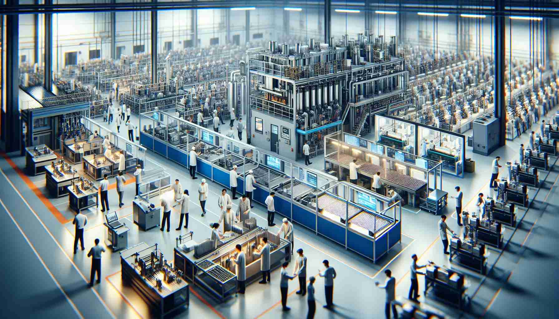 Depict a highly detailed and realistic scene of a modern battery production facility located in North America. Visualize a bustling factory floor, where a diverse group of workers, containing men and women of Caucasian, Hispanic, Black, Middle-Eastern, and South Asian descent, are busily engaged in various tasks. Show advanced machines manufacturing batteries at an impressive speed, signifying a revolution in battery production. Make sure to highlight the environment-friendly practices adopted in the factory, pointing towards a sustainable future.