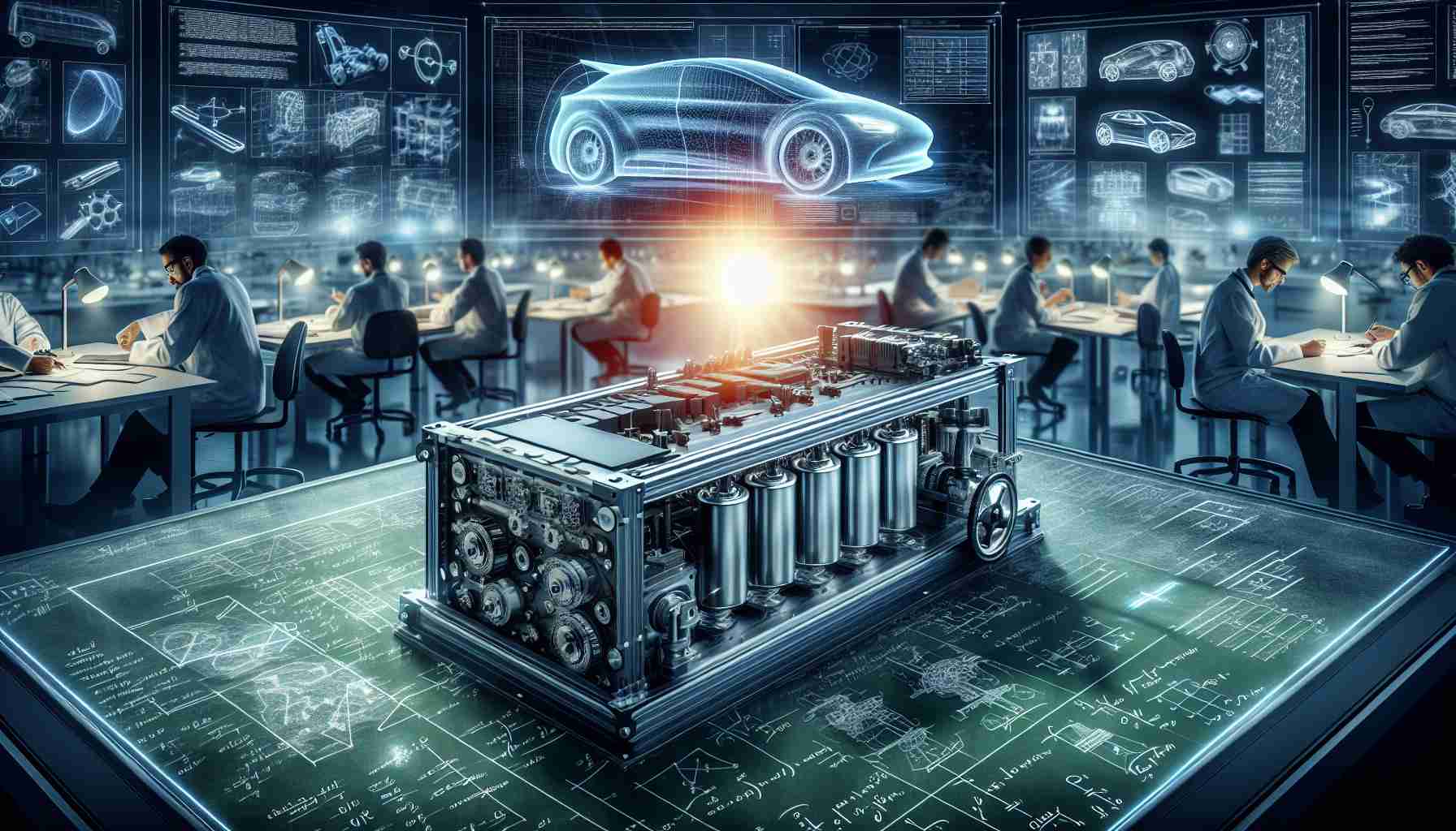 An industry-leading battery technology transforming the automotive sector. The composition embodies the revolutionary spirit and features a close-up of an advanced high efficiency non-branded electric battery unit. The scene could be in a high-tech research laboratory, with scientists from diverse descents and both genders working diligently. The background highlights futuristic automotive design sketches, schematics, and mathematical equations on display boards. The dramatic lighting emphasizes the innovativeness of this ground-breaking technology. The overall image exudes a sense of anticipation and excitement for what this technology could mean for future of cars.