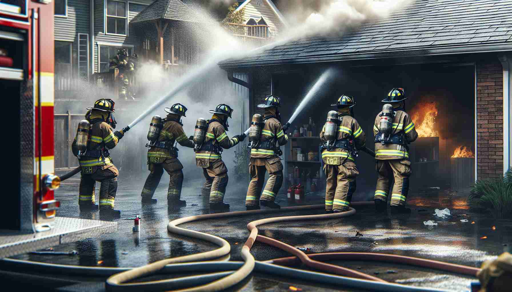 Realistic high-definition image of a rapid intervention by a team of firefighters. On scene, they work diligently to control and extinguish a blaze in a garage. Their effective strategy and immediate response have proved successful in preventing the fire from spreading to nearby structures. Depict firefighters of different descents including Caucasian, African, and Hispanic, and admire their courage and expertise in executing their duties. It's day time, and the brave responders, using protective gears and wielding hoses with water spray, have became a beacon of hope for the residents of this neighborhood.