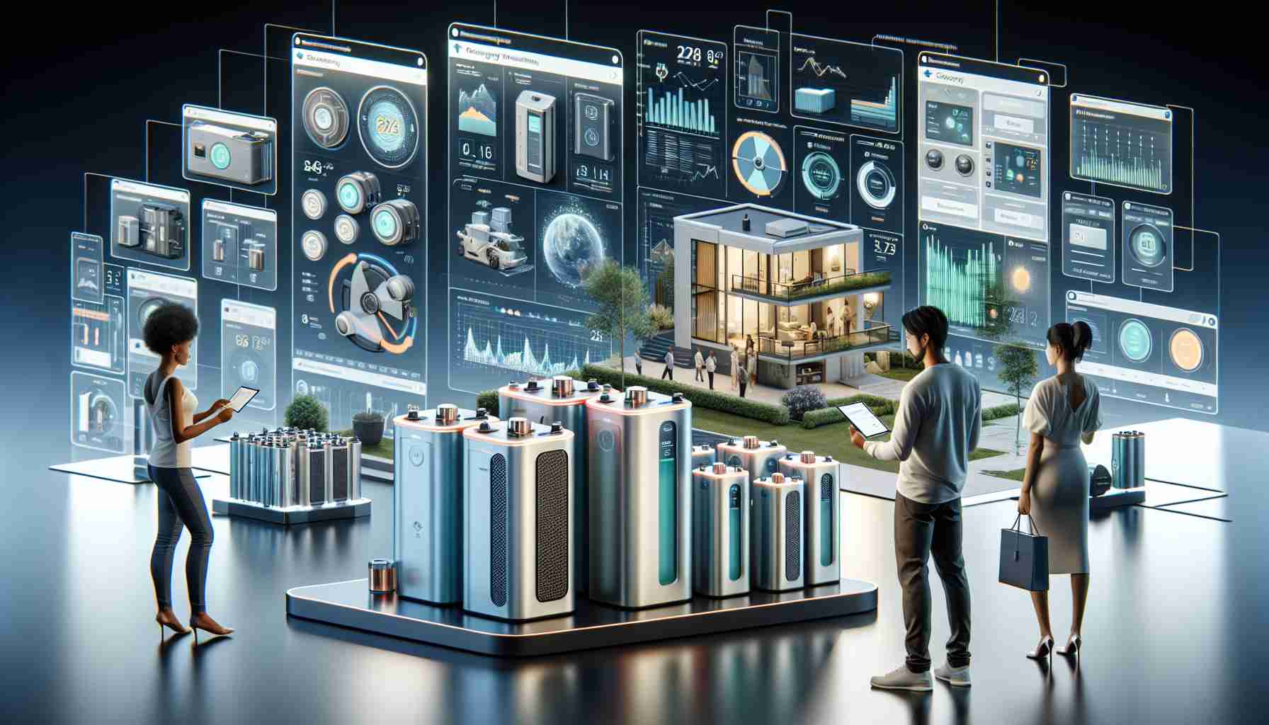 A highly detailed, realistic image showcasing various high-definition, next-generation home energy storage solutions. Depict new-age battery technologies, innovatively designed to integrate with modern homes. Highlight features such as compact design, eco-friendly mechanisms, and ability to store and distribute energy efficiently. Visualize advanced user interfaces showing real-time energy statistics on these batteries, while incorporating aesthetics of a contemporary home background. Also include people of various descents and genders: an African woman reading a brochure about these technologies, a Caucasian man examining a device, a Hispanic woman adjusting settings on the interface, a South Asian man conducting a quality control inspection.