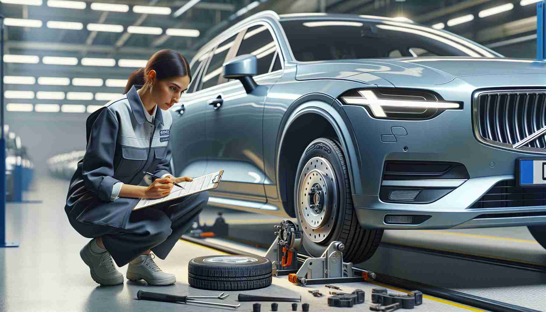 High definition, realistic image of a safety inspection being conducted on a Volvo vehicle. The scene includes close-ups of specific safety components such as brakes, tires, and lights. An inspector, a Middle-Eastern female, is checking these parts meticulously, taking notes and used specialized tools. The environment reflects professionalism and cleanliness found in a well-run vehicle inspection center. The Volvo car shows some sign of use but in good condition, ready for the inspection.