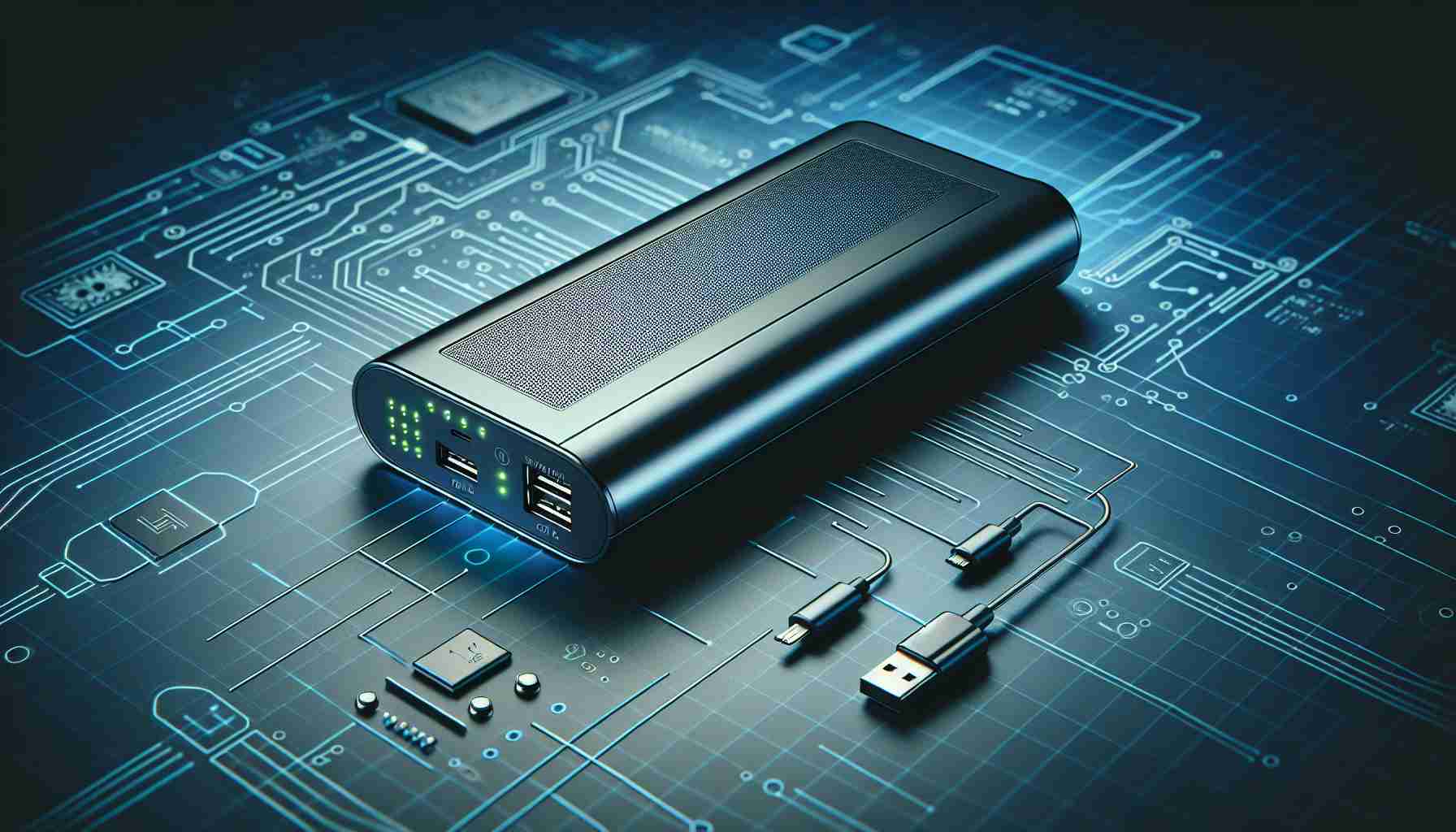 Create a high-definition image showcasing a power bank that illustrates the next level of sleek design and portability. This power bank should be ultra-sleek, compact, and ideally in a color that symbolizes power and innovation. Include visible details such as a micro USB port, LED indicators for battery life, and a streamlined, lightweight design. The background can be tech-themed with circuit diagrams or abstract pattern signifying technology and innovation.