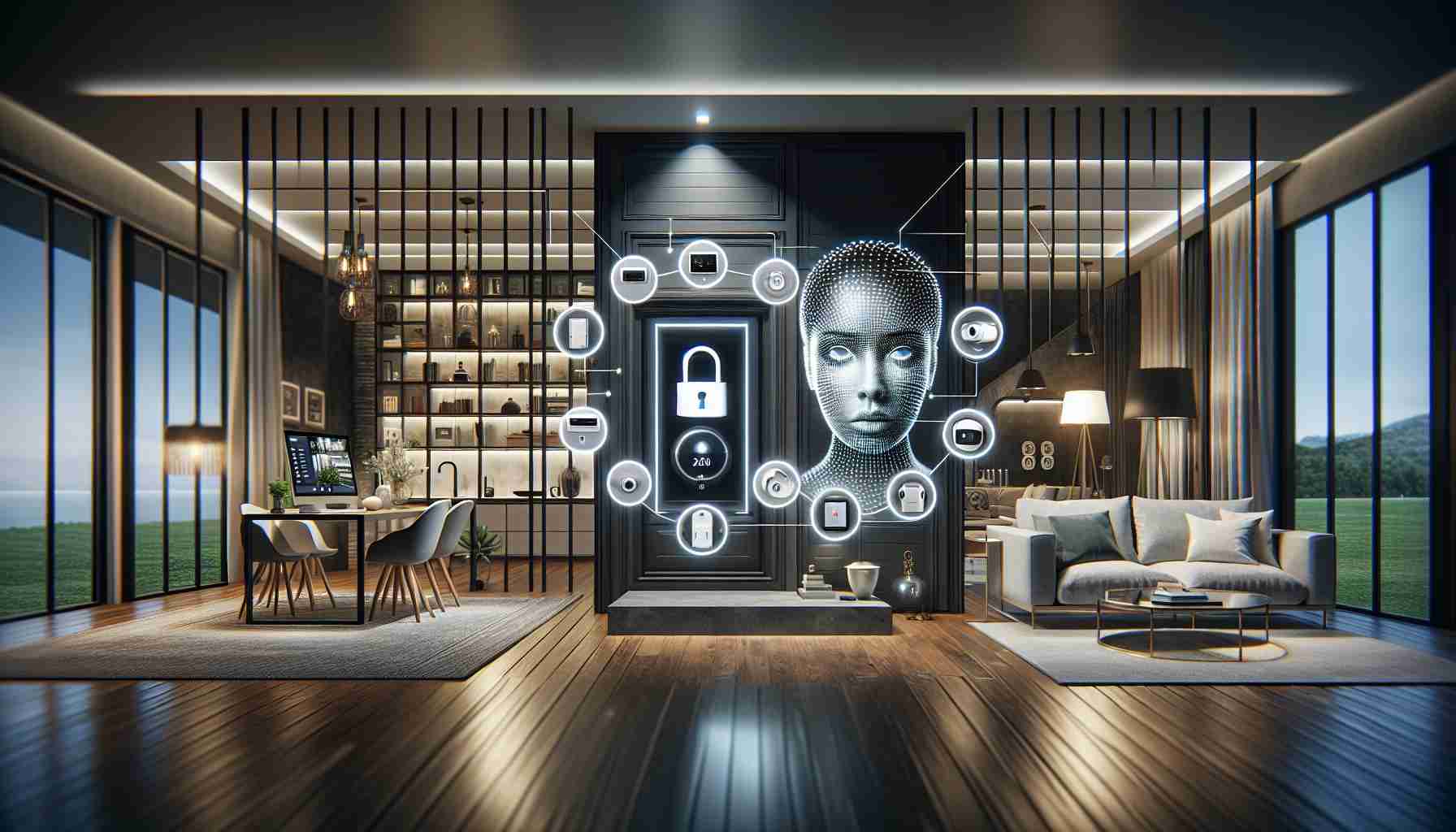 An ultra-high-definition, realistic image exhibiting the integration of smart security solutions into modern homes. In the visualizing scene, emphasize on a sleek and sophisticated home, outfitted with latest technology like facial recognition door locks, wireless surveillance cameras, motion sensors and digital control panels. These modern-day security elements should blend seamlessly with the décor of the home, providing a balance between luxury lifestyle and safety. The scene should feel inviting yet secure, reflecting the efficient security measures put in place.