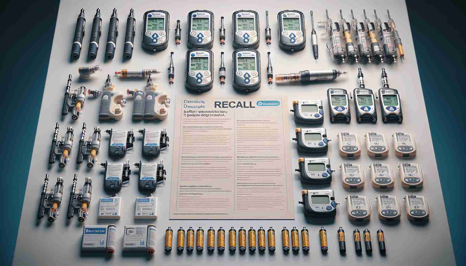 A highly detailed, realistic image of a series of insulin pumps laid out on a sterile white table. The insulin pumps are organized in a tidy manner, ready for inspection. They are of various models and design, all of which are affected by battery issues causing a recall. A handout with bold headline declaring 'RECALL' is placed next to the insulin pumps, elaborating on the battery issue, noting the manufacturer's decision to recall, and urging users to take necessary actions. Also on the table are small lithium-ion batteries showing visible signs of malfunction. Remember to focus on the realistic depiction of the situation, capturing the seriousness of a recall situation in the medical field.