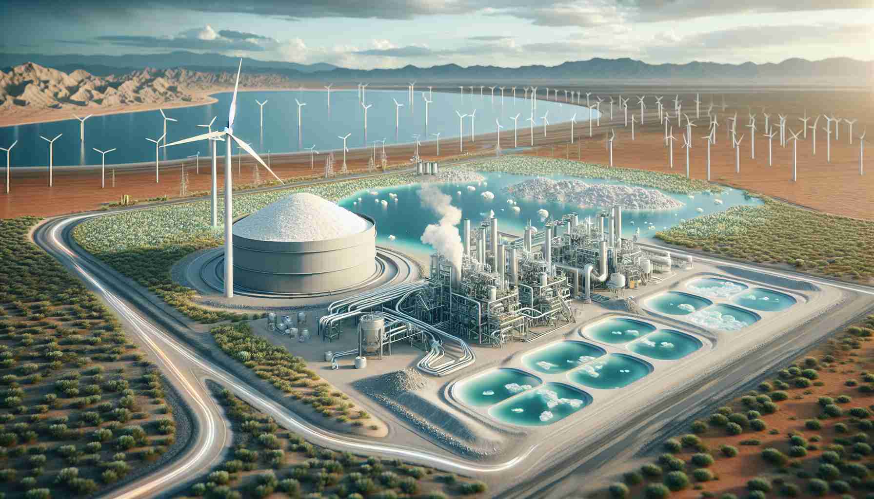 An ultra high definition, realistic representation of a sustainable lithium extraction process. The image should provide an overview of the operation, showcasing collecting elements such as evaporation ponds with lithium-rich brine and the subsequent chemical treatment section. And in the background, incorporate renewable energy resources, such as wind turbines or solar panels, emphasizing the eco-friendly nature of this process. Elements of the surrounding environment, such as minimal landscape disturbance and nearby flora and fauna thriving, should be subtly included to convey the sustainability of this lithium extraction approach.