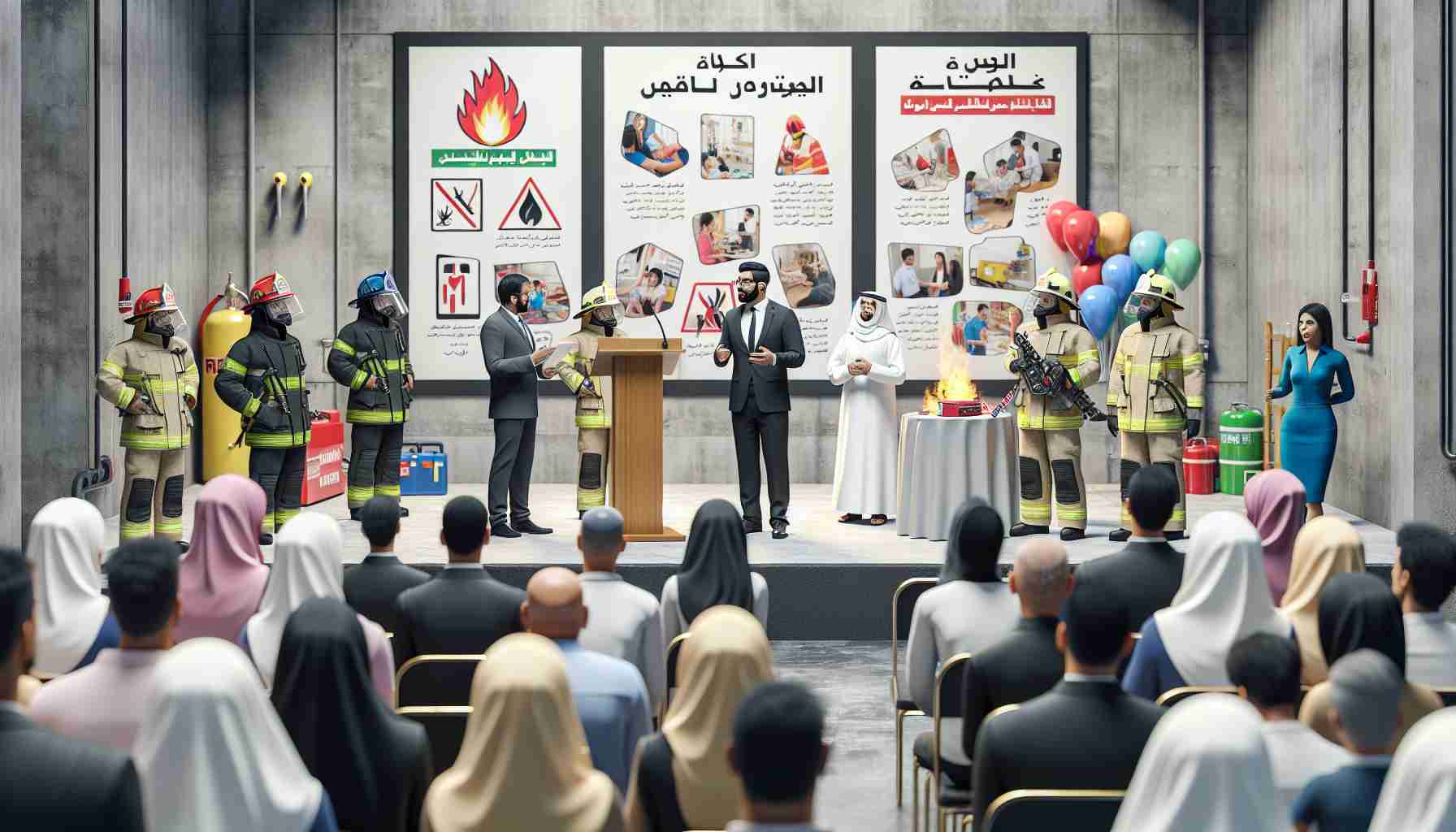 Realistic high-definition image of a fire safety awareness campaign launched by an anonymous government body. The scene includes a diverse group of people participating in the campaign, including a Middle Eastern female firefighter demonstrating the use of fire safety equipment and a Black male government official giving a speech about the importance of fire safety. The background is filled with informative posters about fire safety precautions, colorful balloons, and people attentively listening to the speeches.