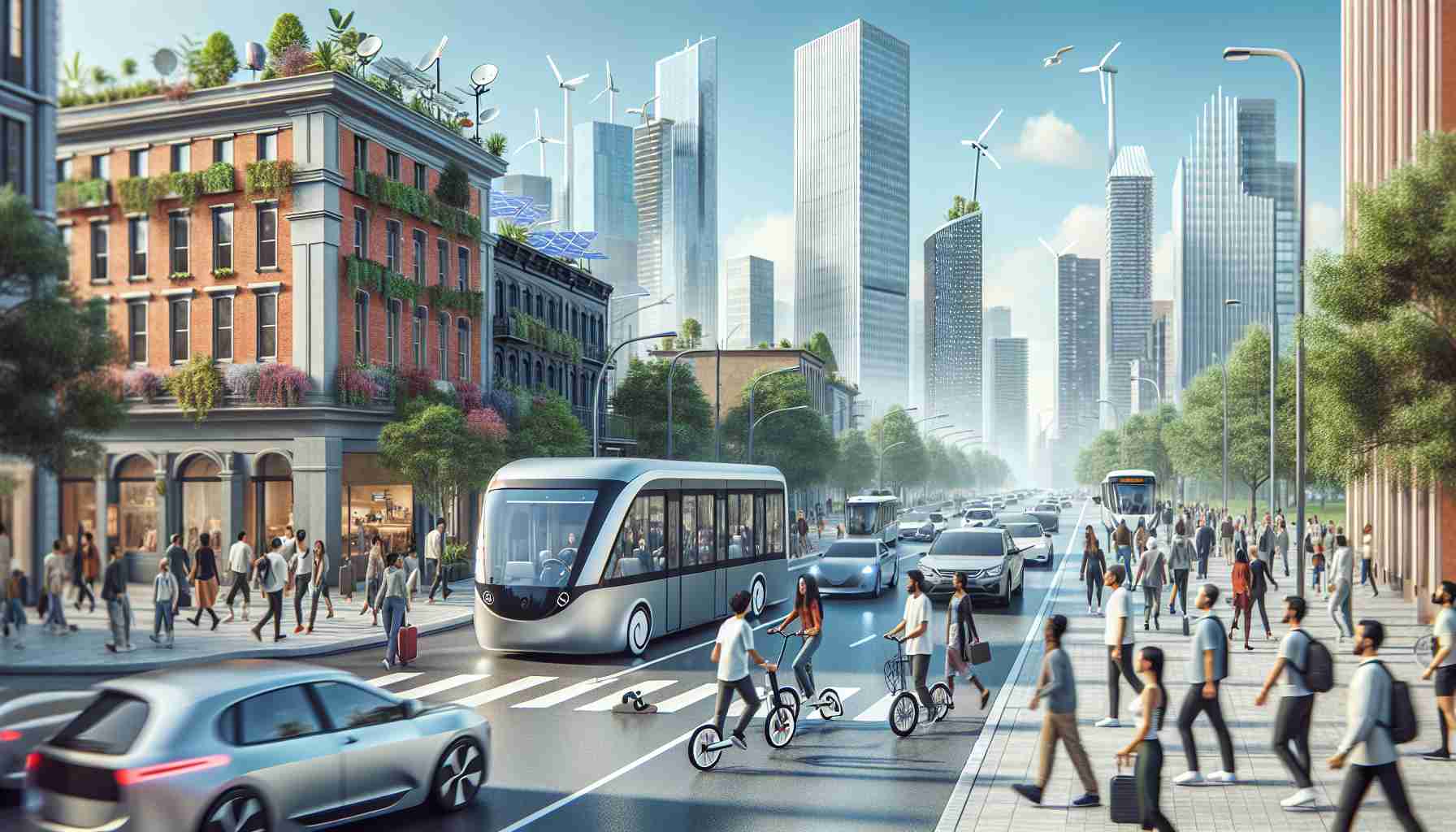 High-definition, realistic image illustrating new trends in sustainable transportation. The scene includes a variety of transport modes such as electric cars, electric bikes, and autonomous buses on an urban street. Pedestrians of different ethnic backgrounds, genders and ages are seen using these modes for their commute. The backdrop has skyscrapers with a hint of solar panels and small wind turbines installed on rooftops, a visible effort of the city towards harnessing renewable energy. The sky above is clear and blue, signifying a cleaner and more sustainable urban environment.