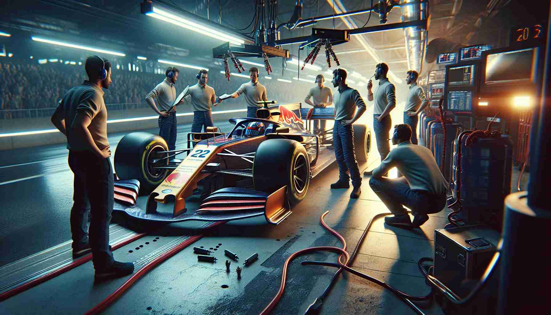 High definition realistic image of a car racing team grappling with enhancing their driver's performance. The scene captures a racing car in a pit stop, with a team of mechanics working furiously. The driver can be seen discussing strategies with the team manager.