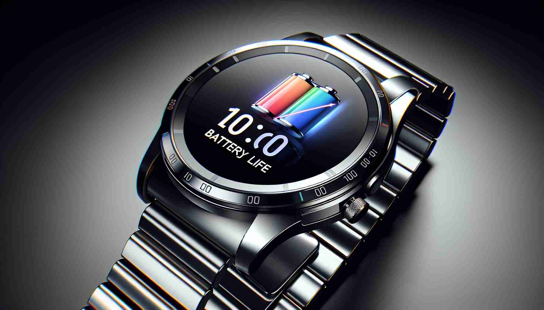 Generate a highly realistic, high-definition image of a branded smartwatch with impressive battery life, particular the 10th model in the series. The smartwatch has a sleek and modern design, sporting a shiny metallic casing and a high-resolution screen that prominently displays the battery life indication, suggesting a long-lasting power source