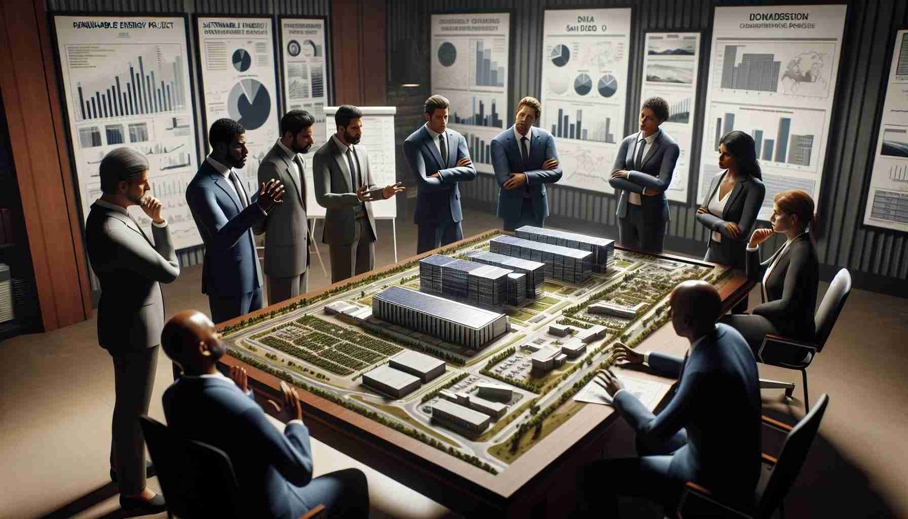 A high-definition realistic scene depicting an intense discussion around a renewable energy project situated in San Diego. Imagine a scaled model of the sustainable energy project placed on a table in a room filled with a diverse group of individuals. These individuals range from Caucasian and Middle-Eastern men debating heatedly, to a South Asian woman pointing towards the project blueprint, and a Black woman and Hispanic man listening attentively. The setting suggests seriousness, with people dressing formally and various charts, diagrams and graphs related to the project displayed on the walls behind them.