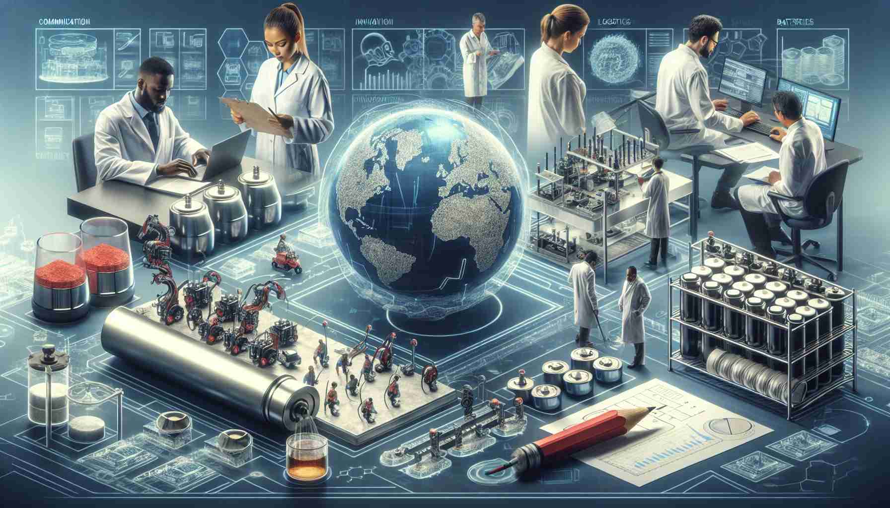 A detailed, high-definition image depicting various methods to enhance battery supply chains. The scene could include researchers of different descents, like a Hispanic woman studying a blueprint of a new battery model, a Black man analyzing data on a computer, a Middle Eastern man performing a test on battery samples in a lab, and a South Asian woman overseeing the whole operation from a centralized control room. Make sure to incorporate elements symbolizing communication, innovation, resource planning, logistics and quality control.