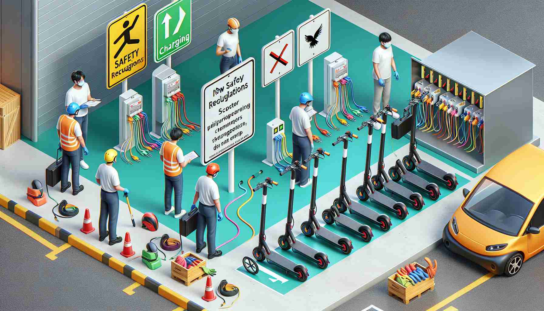 A high definition, realistic image depicting new safety regulations being implemented for e-scooter charging. The image includes signs indicating safety instructions and precautions. E-scooters are neatly arranged for charging in a designated area. Safety equipment like gloves, helmet and masks can also be seen. A well-labeled charging station featuring multicolored wires and plugs organized properly can be seen, showing the strict follow-up of safety regulations. There should also be a diverse group of people, including a Caucasian man, a Middle Eastern woman, and a Hispanic man inspecting or following these safety procedures.