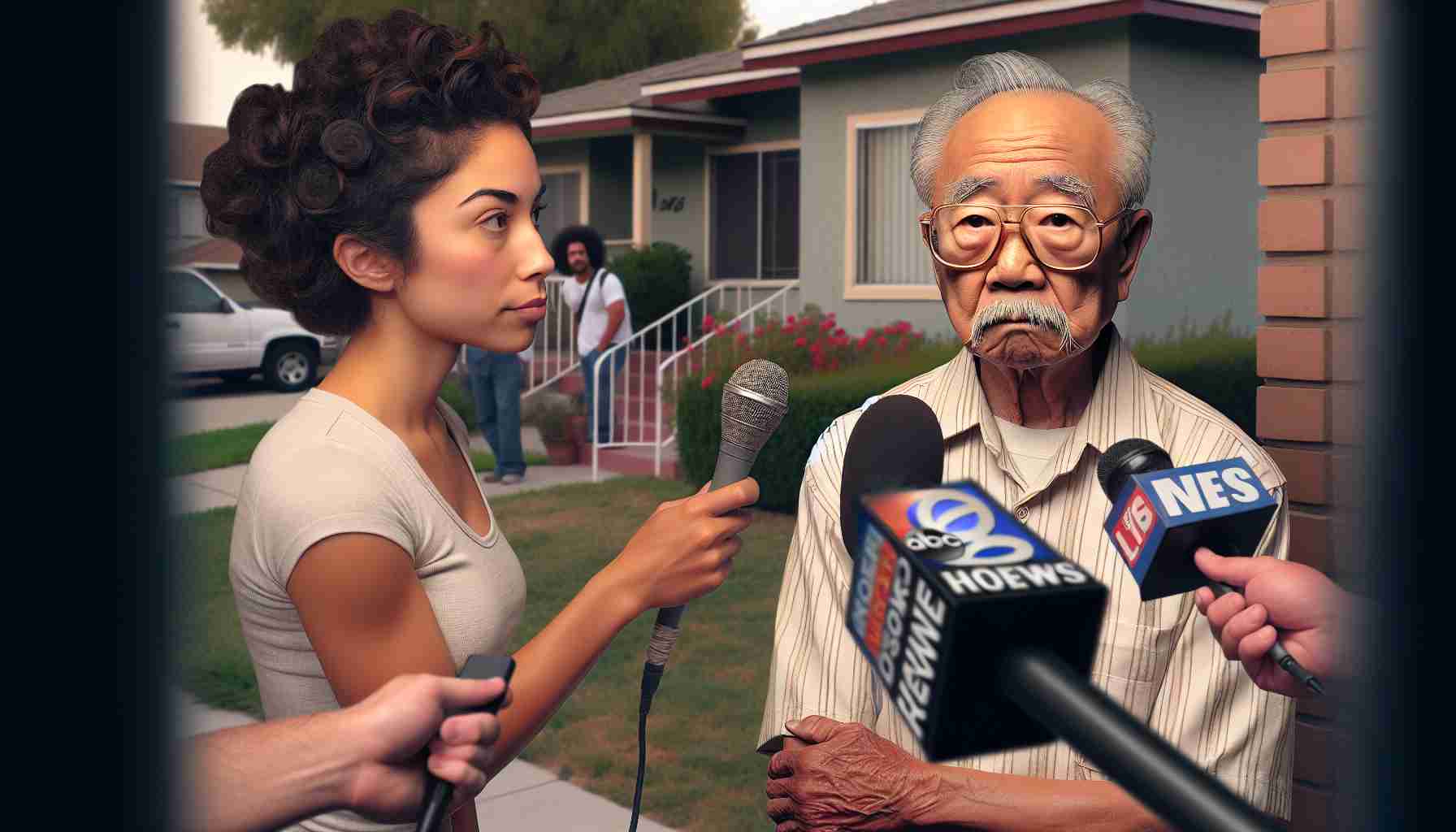 A high definition, realistic image showcasing a local resident, an elderly Asian man with a stern face and glasses, standing on his porch. He is depicted being interviewed by a young Hispanic female journalist with short curly hair, both surrounded by microphones and cameras. The resident's face shows an expression of defiance. The setting indicates a typical suburb with single-family houses visible in the background. Add a text overlay that reads 'Local Resident Accused of Unconventional Discipline'.