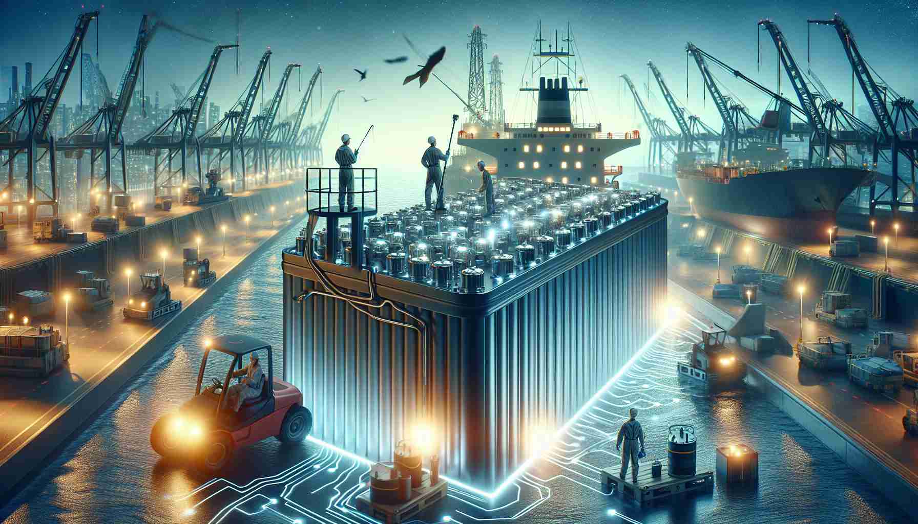 Create a detailed and high-definition image representing the innovation in the marine industry brought about by advanced battery technology. The scene should encompass a modern ship docked at a busy port. The vessel, powered by the state-of-the-art battery technology, should have visible progress indicators, like glowing power indicators and streamlined design, that suggest its advanced nature. Marine workers, including a Hispanic female technician and an Asian male engineer, should be seen working on the ship's energy system. Show a battery, its intricate circuits symbolizing ground-breaking technology, in a prominent position.