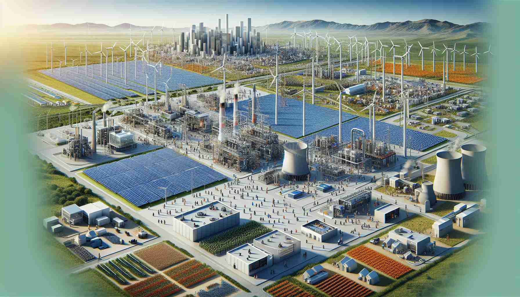 A high-definition, realistic portrayal of a revolutionized energy infrastructure. The scene focuses on various forms of distributed energy solutions. There's a multitude of small-scale energy generation systems, like photovoltaic solar panels spread across vast fields, mini wind turbines on top of buildings, and decentralized bioenergy plants. Also, elements showcasing building-integrated renewable energy solutions that lessen reliance on main power grids. Additionally, include a group of diverse individuals - a balanced mix of male and female engineers of various descents like Hispanic, Black, Middle-Eastern, South Asian, and Caucasian - working on these infrastructures.