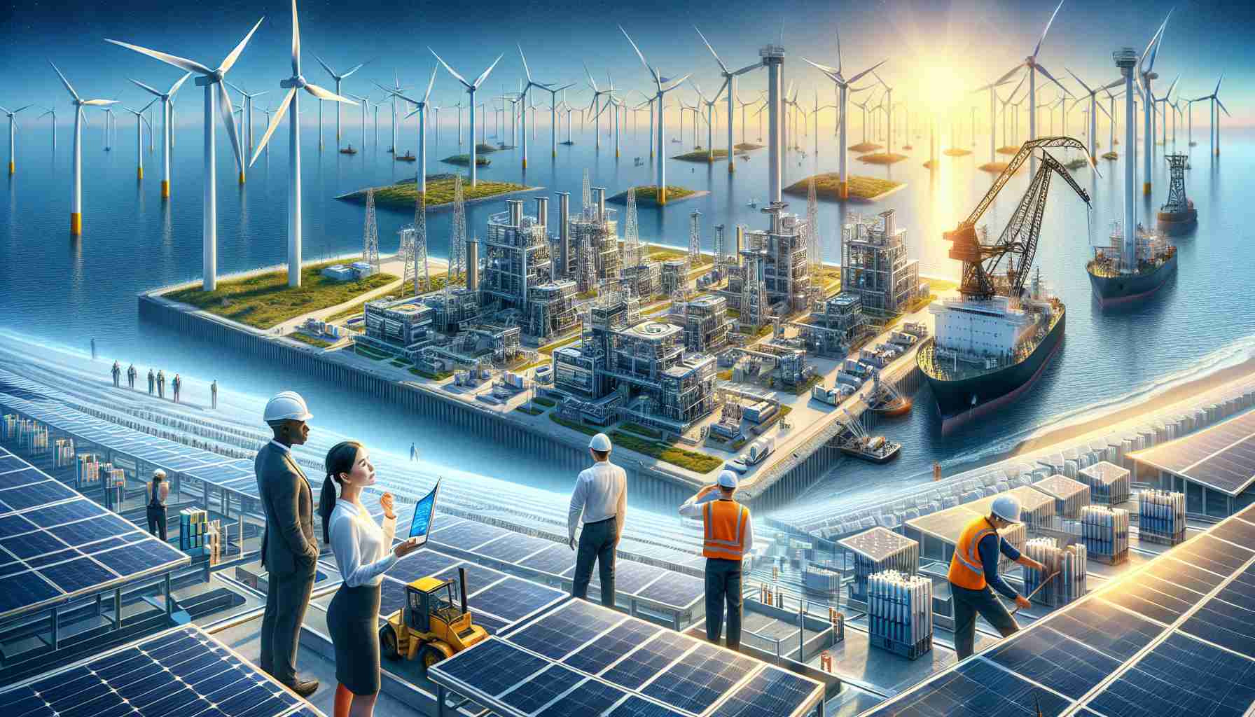 A detailed, realistic, high-definition image representing the theme 'The Rise of Sustainable Energy: A New Era for Lithium Players'. Include an expansive solar array under a bright sunny sky, a large offshore wind farm with wind turbines spinning against the ocean backdrop, and a lithium mine with complex machinery. Also depict a battery production facility where lithium batteries are being manufactured. Enhance the theme with the presence of a diverse group of professionals – a Caucasian woman and a Middle-Eastern man working on the solar array, a South Asian woman supervising at the wind farm, and a Black man overseeing operations at the lithium mine.