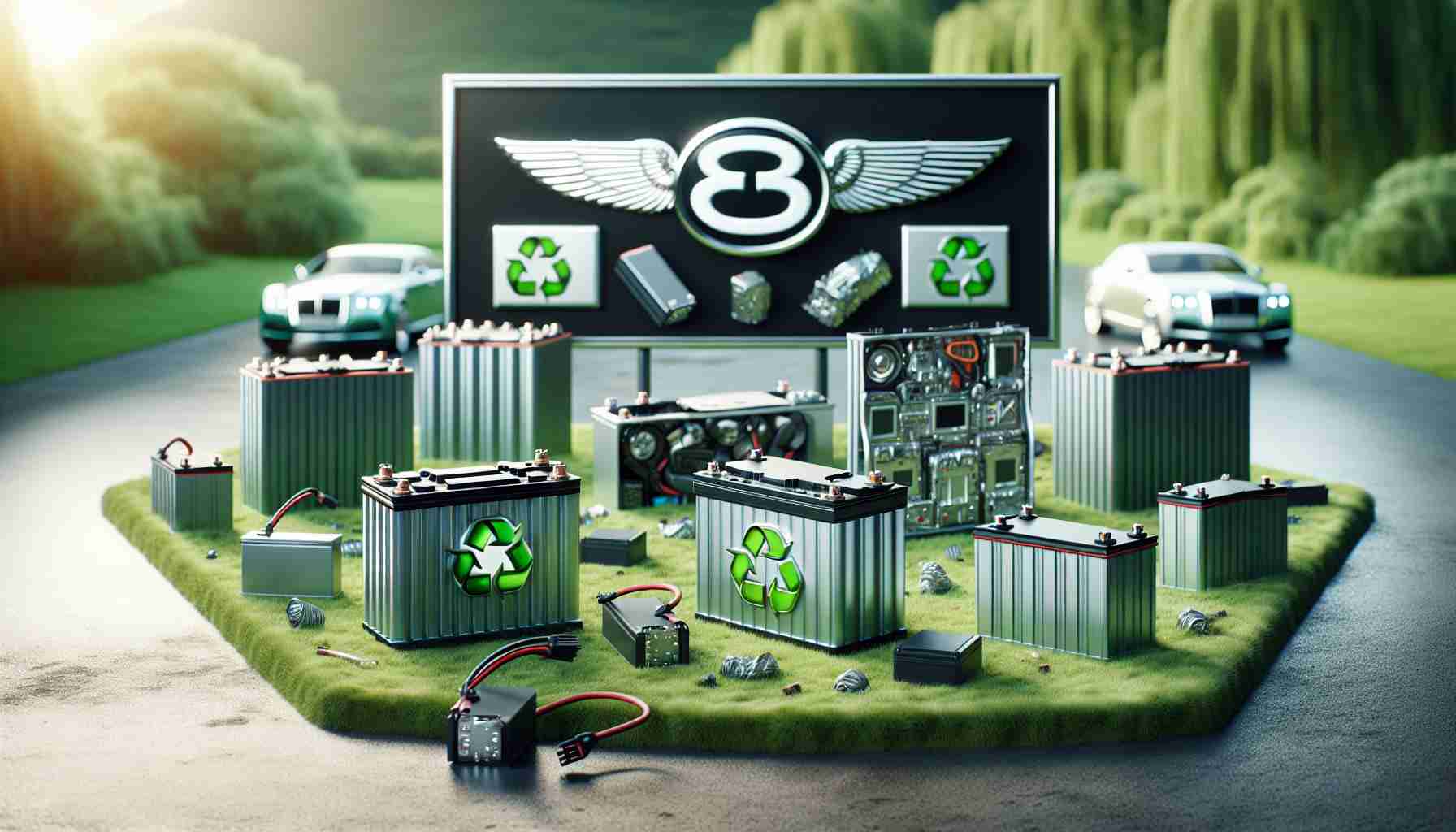 A realistic high-definition image showcasing the eco-friendly approach of a luxury car manufacturer to battery recycling. The scene presents the brand's emblem prominently at the center with a detailed rendering of the batteries, indicating the sustainable recycling process. Displayed next are electric car battery modules arranged in a recycling setup, signifying efficient repurposing. The background should depict the green of nature symbolizing environmental consciousness.