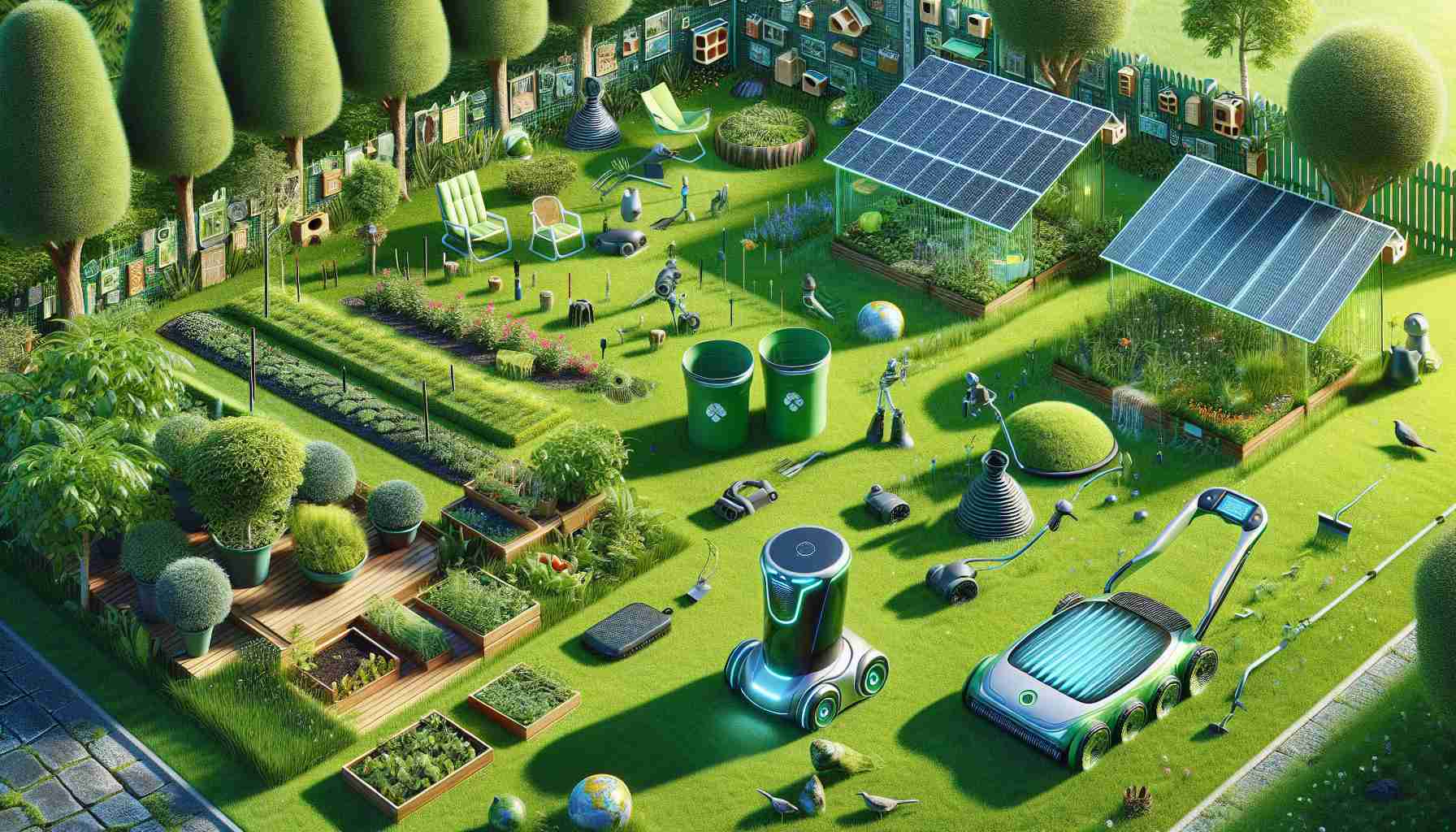 Highly detailed image of the future of eco-friendly lawn care. The scene features a variety of bio-based, sustainable gardening tools laid out against a lush, green lawn. In the foreground, an autonomous solar-powered lawn mower is present, effectively trimming the grass. There are compost bins on one side of the lawn, filled with green waste ready to be converted into nutrient-rich soil. A corner of the lawn showcases a meticulous garden flourishing with native plants served by an intelligent drip irrigation system. Bordering the lawn, there are trees inhabited by bird boxes, creating a haven for local wildlife.