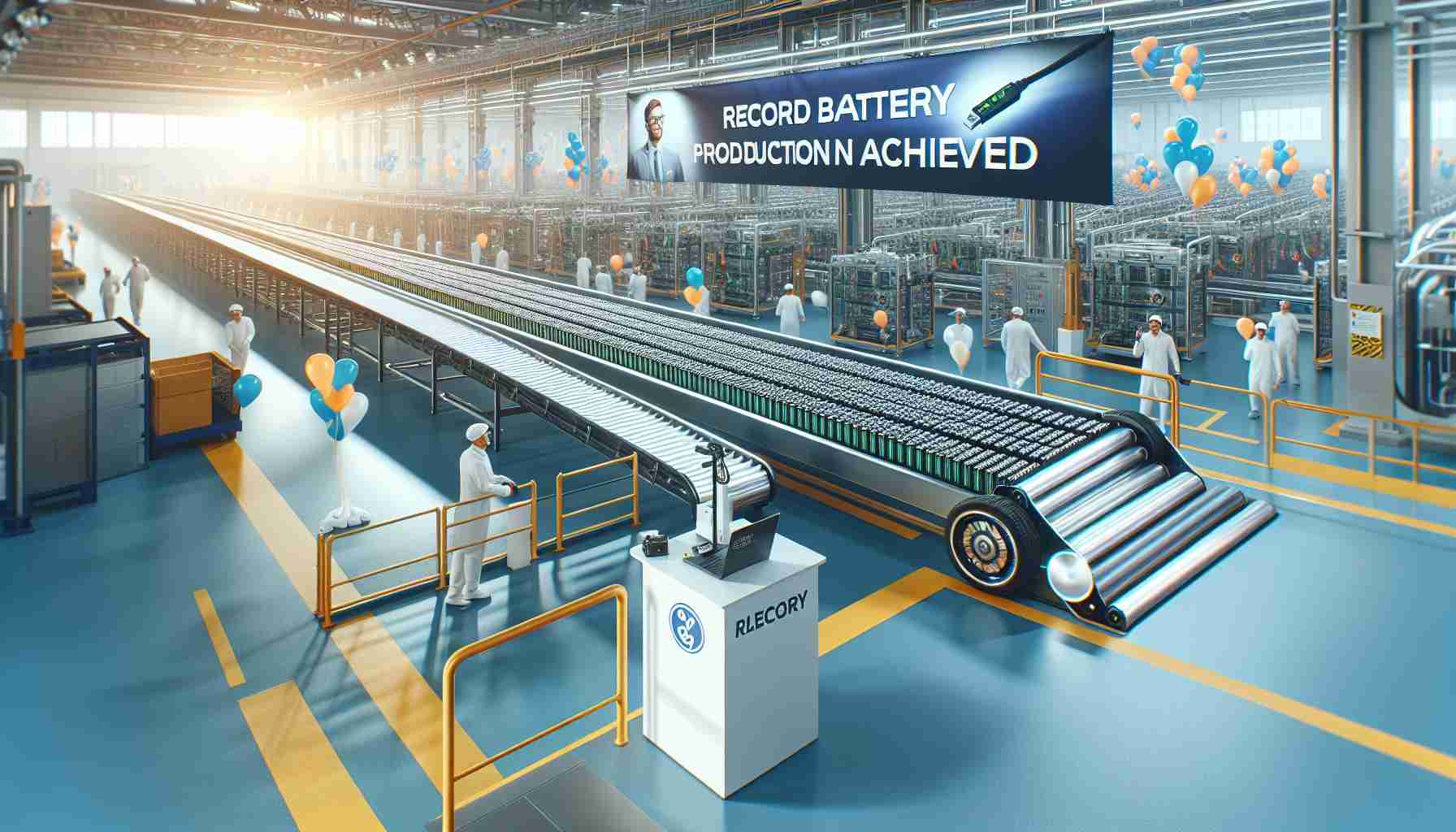 Realistic high-definition image of an electric vehicle manufacturing facility reaching a significant achievement in battery production. Show a large, modern machinery production line, with conveyor belts carrying freshly made electric vehicle batteries. The atmosphere should demonstrate celebration of a key milestone, with banners and balloons. An informative banner showing 'Record Battery Production Milestone Achieved' can be seen prominently in the foreground.