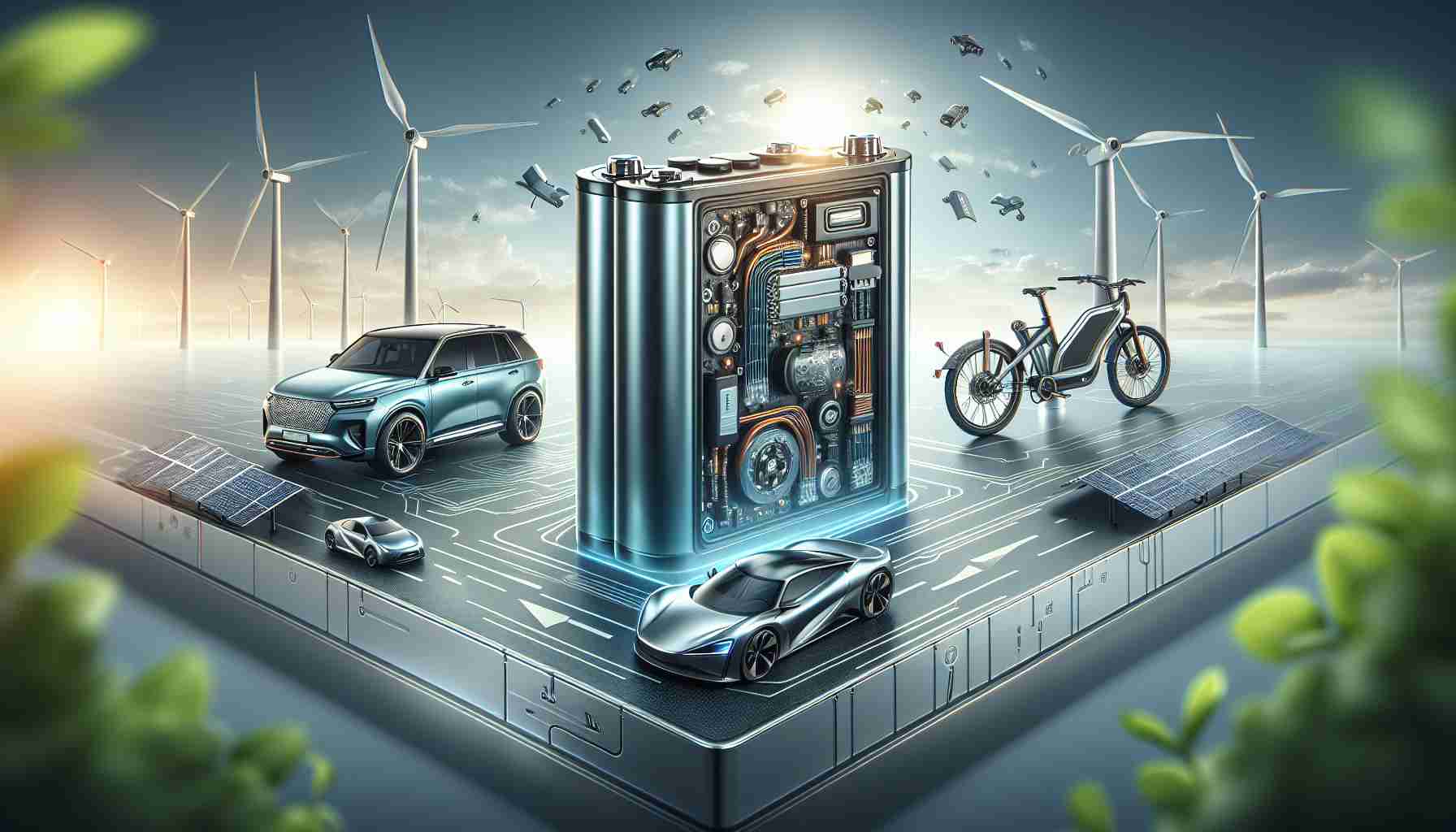 Create an ultra-realistic image showcasing the new age of battery innovation for sustainable mobility. In the center, place a sophisticated, newly designed lithium-ion battery with intricate details. On one side, depict a modern electric vehicle which could be an SUV, powered by this battery. On the other side, illustrate a compact, sleek e-bike running on the same technology. Include clean environment in the background with wind turbines and solar panels, representing renewable energy sources, to highlight the theme of sustainability. Don't forget the feeling of excitement and revolution in the air.