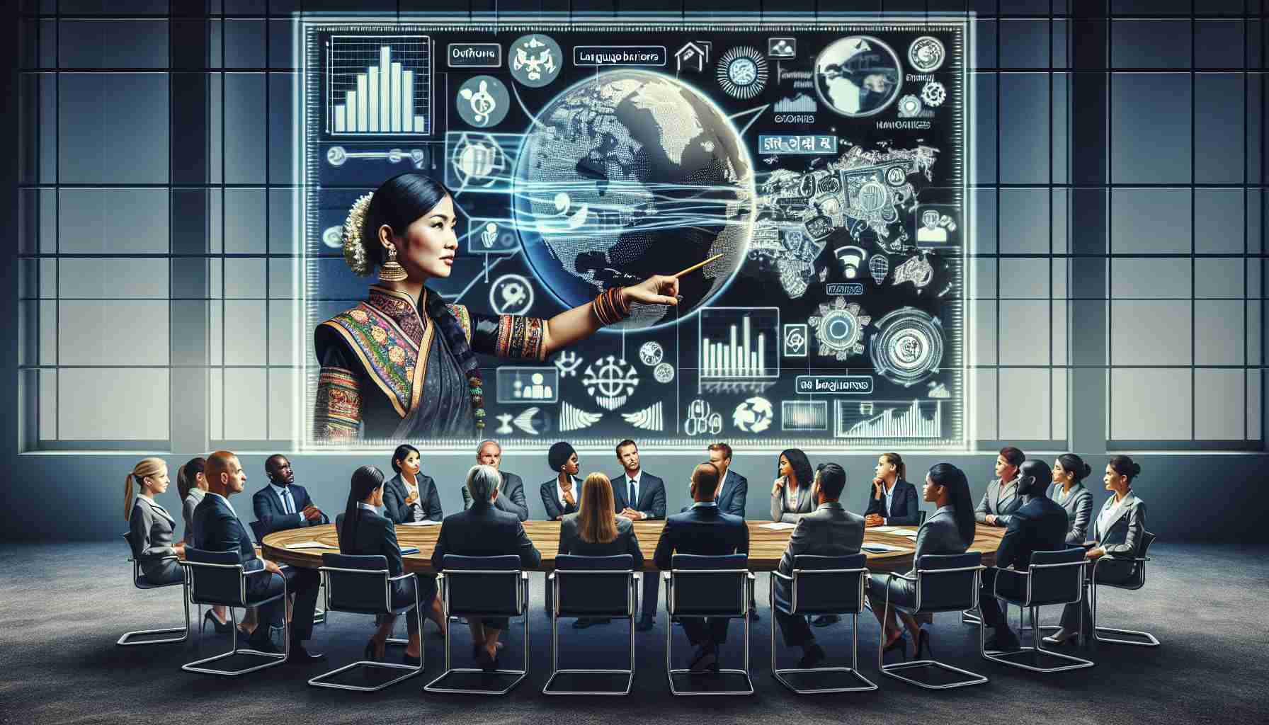 A high-definition image illustrating the concept of cultural integration challenges faced by global companies in Europe. Construct an environment featuring a diverse group of employees around a large meeting table. Here, depict a South Asian woman pointing at a projection on a screen divulging global market trends while a Caucasian man and a Black woman listening thoughtfully. Highlight elements of cultural differences such as different styles of dress, languages spoken, and behaviours showcased. Across the room, visualize icons or graphics symbolizing barriers and obstacles such as language barriers, culture shock, and different work ethics.