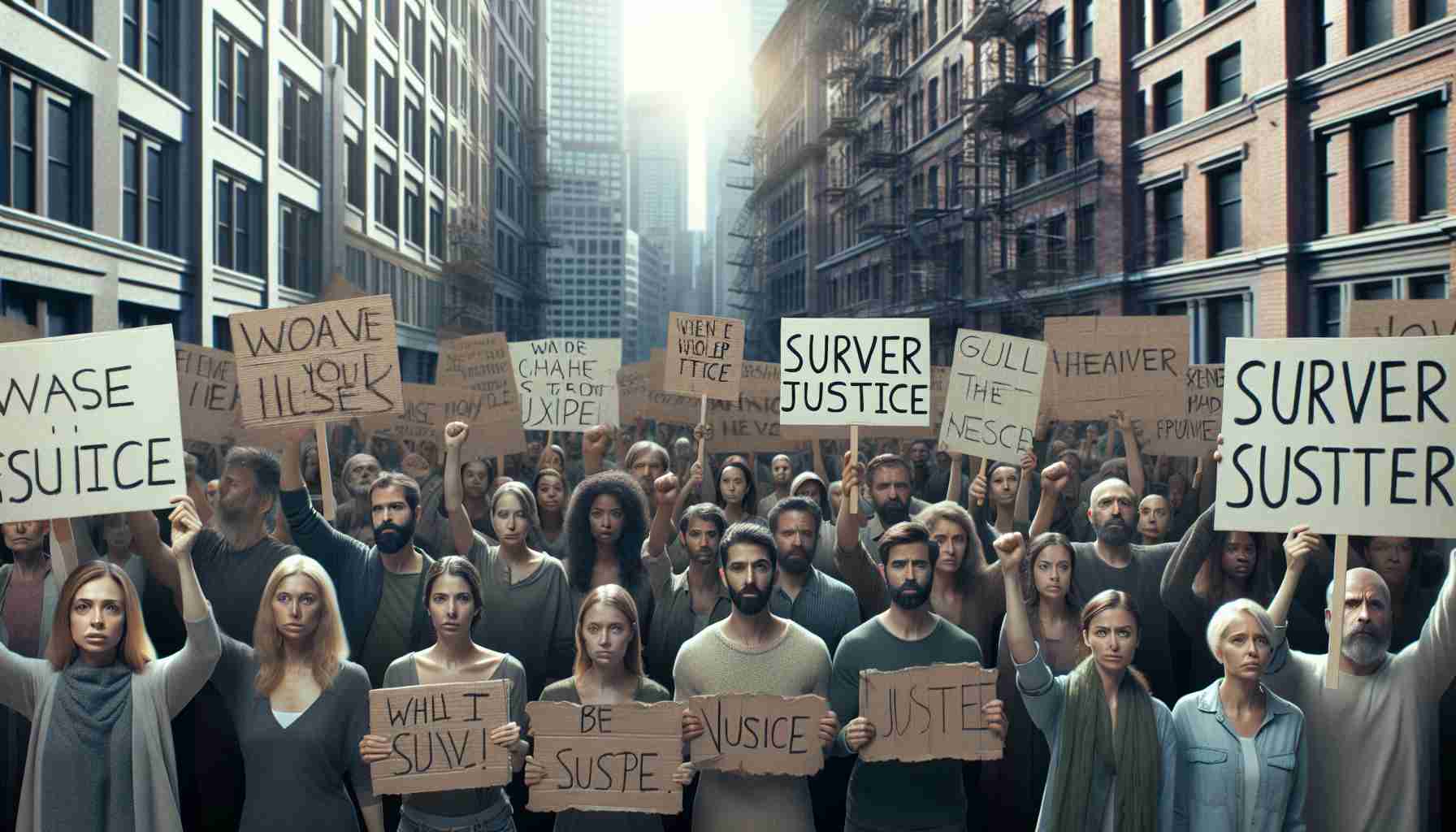 High definition image of survivors demanding justice after enduring a catastrophic event. The scene includes a diverse group of individuals collectively demonstrating their resilience. Some display signs with various statements of protest and demand, while an aura of determination and hope can be perceived from their collective presence. The setting could be an urban environment with building facades adding to the somber atmosphere.