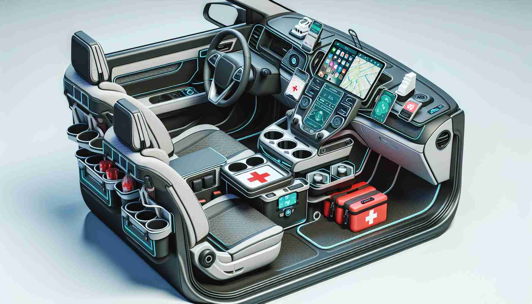 Generate a high-definition, realistic image of a multi-functional car companion designed for safe travel. It should include details like a GPS navigation system, cup holders, phone mount, first-aid kit, and emergency tools. The interior of the car should have comfortable seating, displaying the organized and convenient placement of the multifunctional car companion.