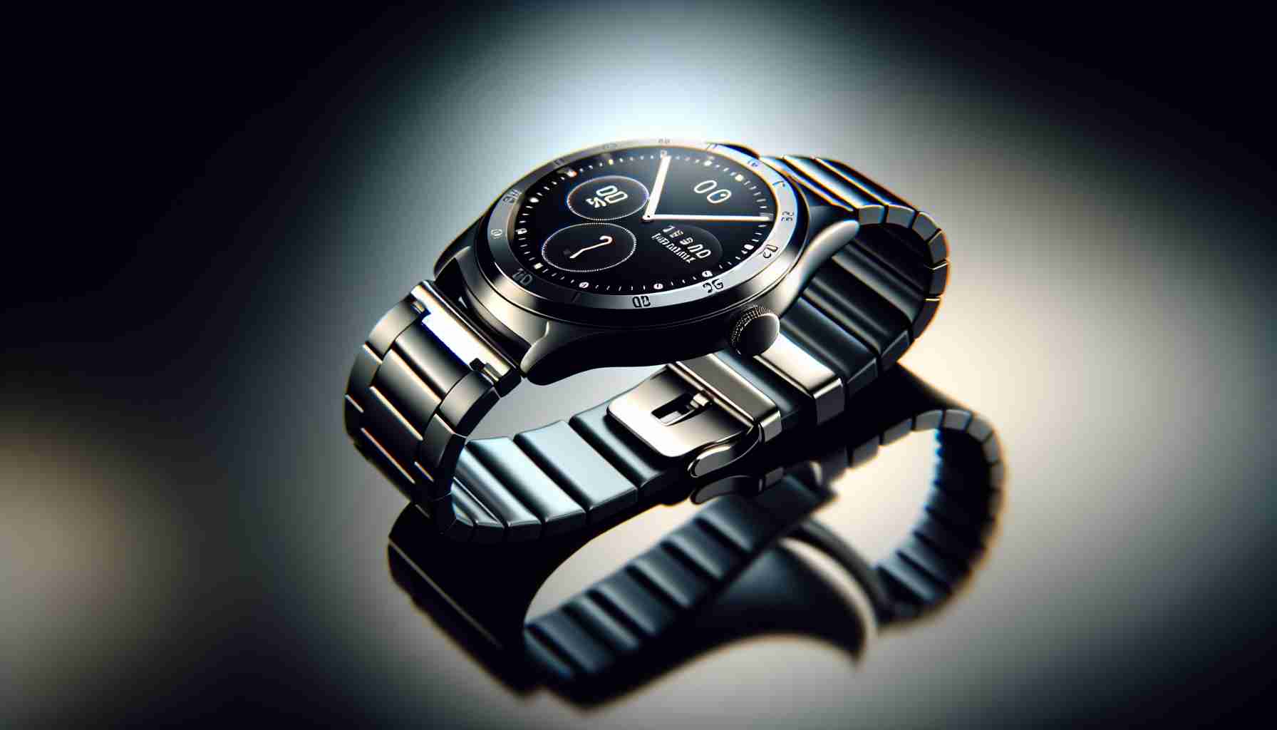 A high resolution, realistic depiction of the newest innovations in smartwatch technology. The scene reveals a close-up view of the smartwatch against a subtly lit background. The smartwatch showcases sleek aesthetic features and advanced functionalities such as a touch screen interface, fitness tracking, heart rate monitoring and GPS tracking. Reflective lighting dials up the 3D effect, highlighting the watch's metallic accents and a comfortable yet stylish strap. This image should creatively express the intersection of style and state-of-the-art technology.