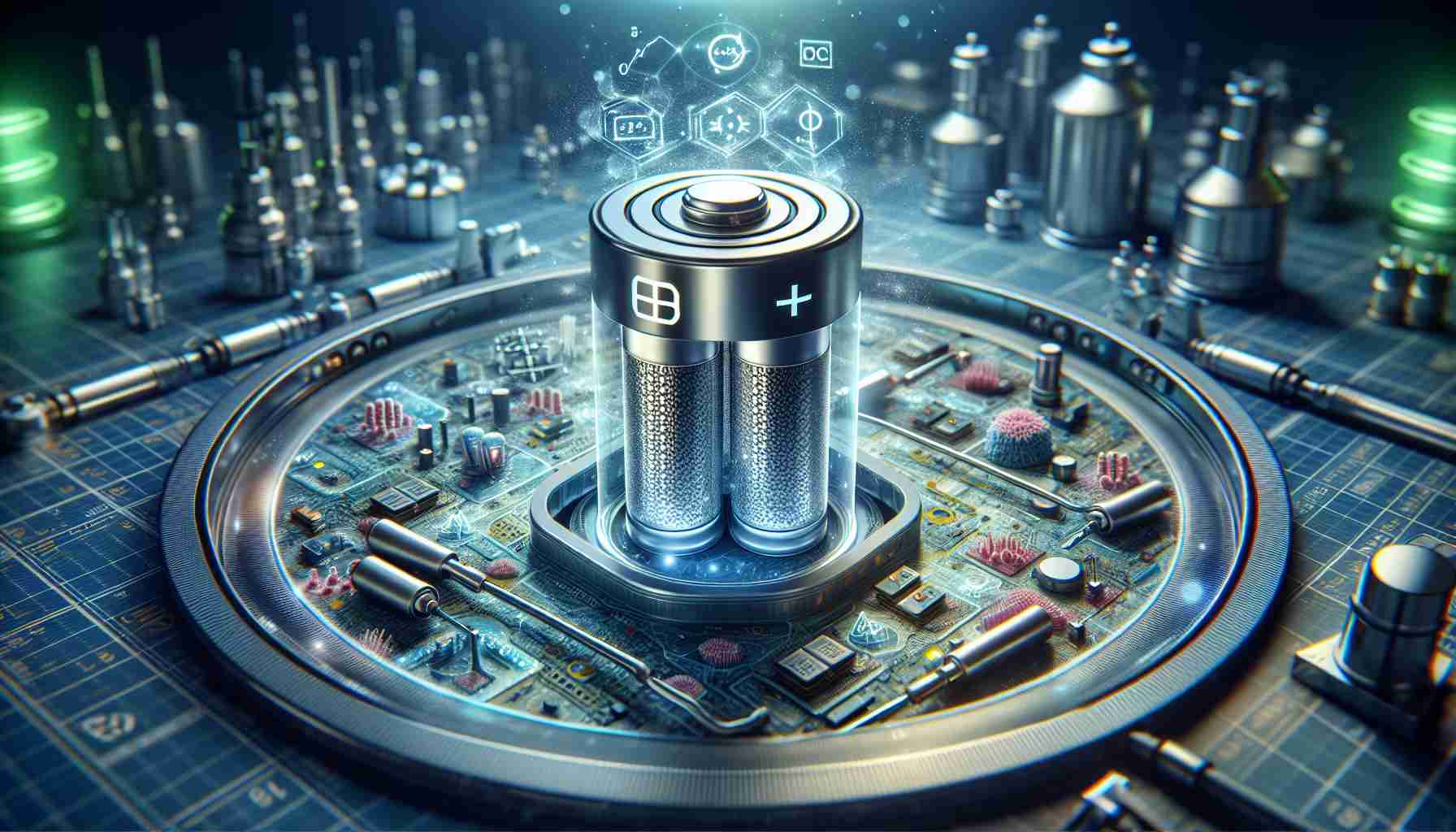 Visual representation of a Lithium-Sulfur battery breakthrough in a realistic, high-definition style. The image should depict advanced energy storage technology. It could feature a detailed close-up of a battery with visible lithium and sulfur components, perhaps even being charged or discharging to highlight the revolutionary energy capacity. The backdrop could possess an array of different scientific equipment and tools, implying a laboratory or research setting. The aura of the image should be one of profound discovery and technological advancement.