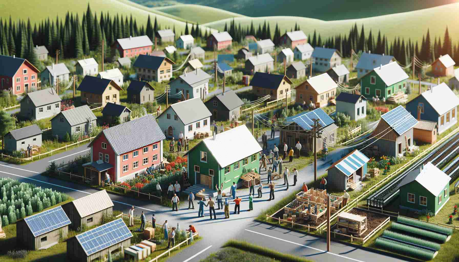 Craft an Ultra High Definition image showcasing a scene in a northern township where residents and developers are working together on a sustainable energy project. The scene should consist of both men and women from various ethnic groups such as Caucasian, Hispanic, and Asian involved in the project. Key features may include a mix of traditional buildings and modern energy solutions, such as solar panels or wind turbines. Show green open spaces, fostering a sense of community collaboration towards sustainable living.