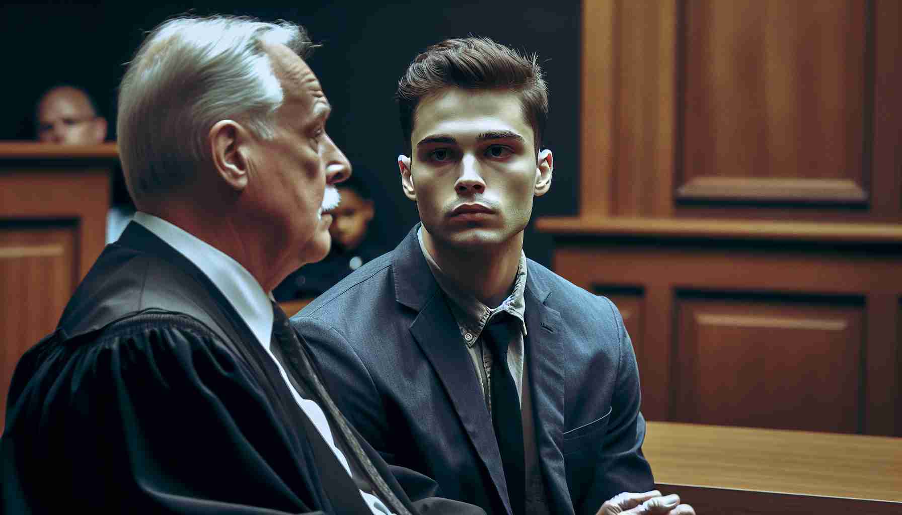 Generate a high-definition image of a courtroom scene, showcasing a man of Caucasian descent being sentenced by a Caucasian judge. The man shows a somber expression, in line with his sentencing for a serious crime such as aggravated battery. The overall atmosphere of the scene is solemn and serious, reflecting the gravity of the situation.