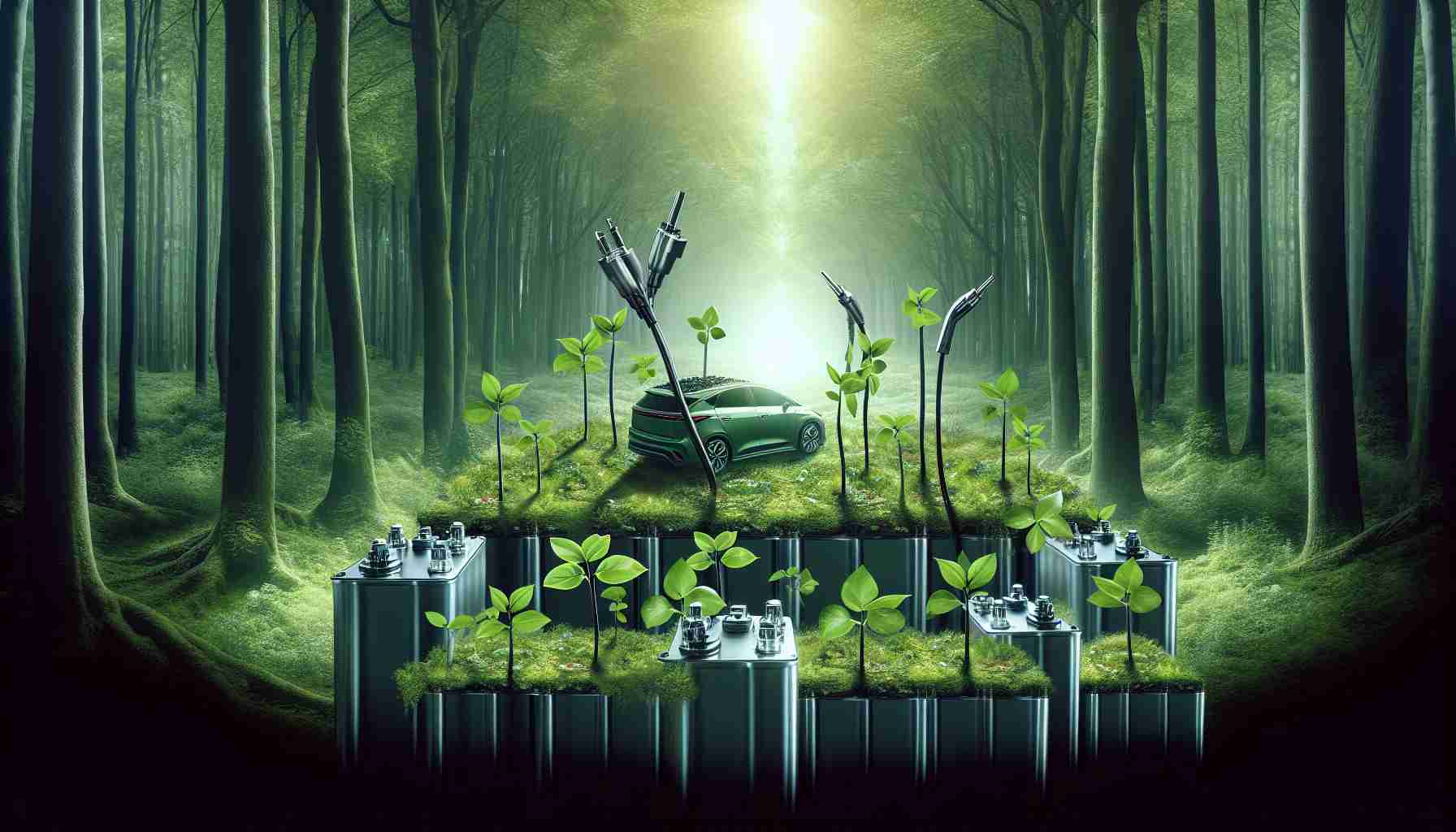 Generate a realistic, high-definition photo of the emerging landscape of the battery market for electric vehicles. This could include symbolic representations of new competitors, such as newly sprouted plants in a dense forest symbolizing the entry of new players, or innovative battery technology represented by shiny, advanced machinery. Keep in mind the market competition, rapid advancements in technology, and the race for cost-effective and energy-efficient solutions.