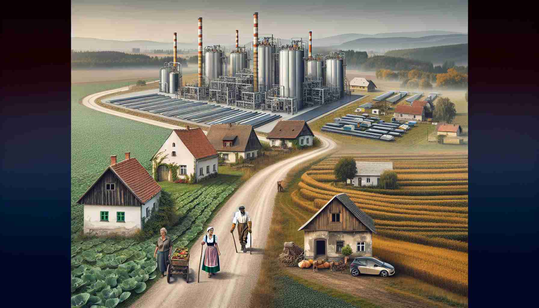 A realistic, high-definition image portraying a rural village in Hungary facing new challenges. The once quiet and tranquil surroundings are undergoing transformation amid the boom in the electric vehicle battery industry. New industrial structures are emerging on the once pristine landscape, juxtaposed against traditional Hungarian houses and farmlands. People of the village, including a Caucasian woman farmer and a South Asian male engineer, are going about their daily tasks, symbolizing the fusion of traditional life and modern industry.