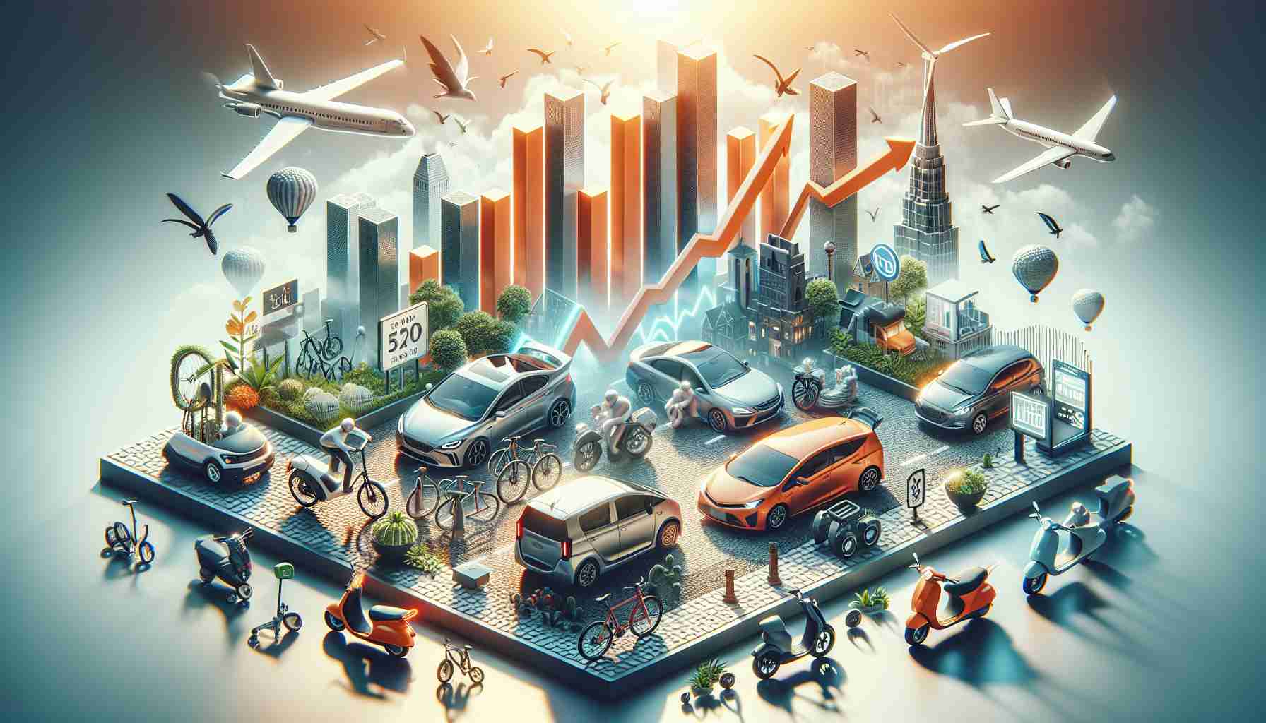 Create a highly detailed and realistic image representing the concept of the rise of sustainable mobility. This transition should be shown encompassing more than just the sale of electric cars. It could include a variety of environmentally friendly transport options such as electric scooters, electric bikes, renewable energy powered public transit, and shared mobility services. The scene should emphasize these sustainable options thriving while the traditional, polluting cars being overshadowed. Incorporate elements that signify success such as increasing bar graphs or upward trends, all hinting towards the growth and acceptance of eco-friendly mobility alternatives.