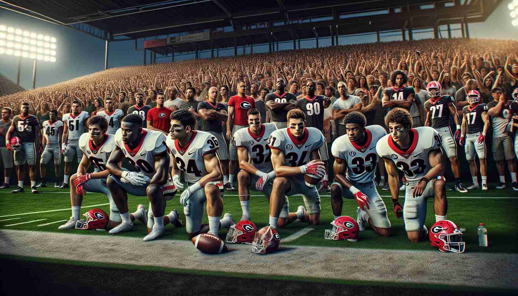 An HD image of the recent signings boosting Georgia football. The scene features several football players of diverse descents including Caucasian, Hispanic, and Black, working together on the field. There's a palpable air of enthusiasm and camaraderie. A packed stadium is in the background, the spectators excited about the new talent in the team. The image is completely realistic, with natural lighting, sharp details, and dramatic colors.