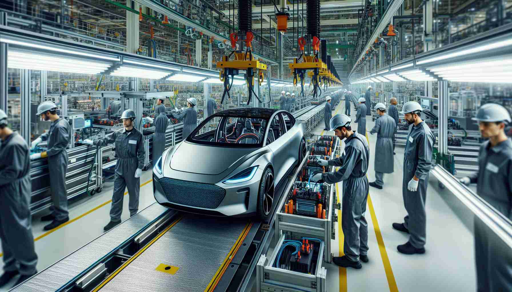 Produce a high-definition image showing the revolutionary aspect of electric vehicle (EV) production with the incorporation of cutting-edge battery technology. The scene should include the advanced production line of the manufacturing plant where these high-tech power cells are being integrated into sleek, modern vehicle designs. Include technicians of multiple genders and descents such as Caucasian, Hispanic, Black, and Middle-Eastern, engaged in the process, wearing safety gear. The overarching theme should emphasize innovation, sustainability, and the promising future of greener transportation.