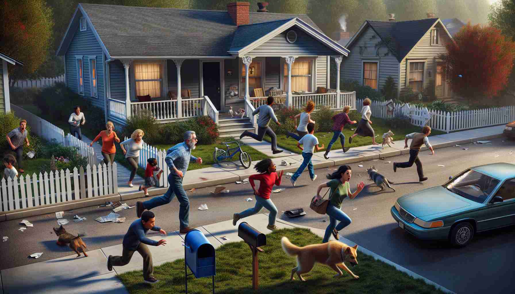 A high-definition, realistic image of a suburban neighborhood thrown into chaos. Small, homely houses with white picket fences line the quiet, tree-lined street. Suddenly, an unknown trespasser is spotted, causing immediate disarray. People of various descents and genders rush out from their homes, expressions of shock and fear on their faces. A Caucasian male, a Hispanic female, a Black child, and a South Asian elderly woman among them. Mailbox knocked over, barks of dogs echo, a plastic bike lying on its side, the turbulent presence of the intruder causing a commotion in this otherwise peaceful neighborhood.