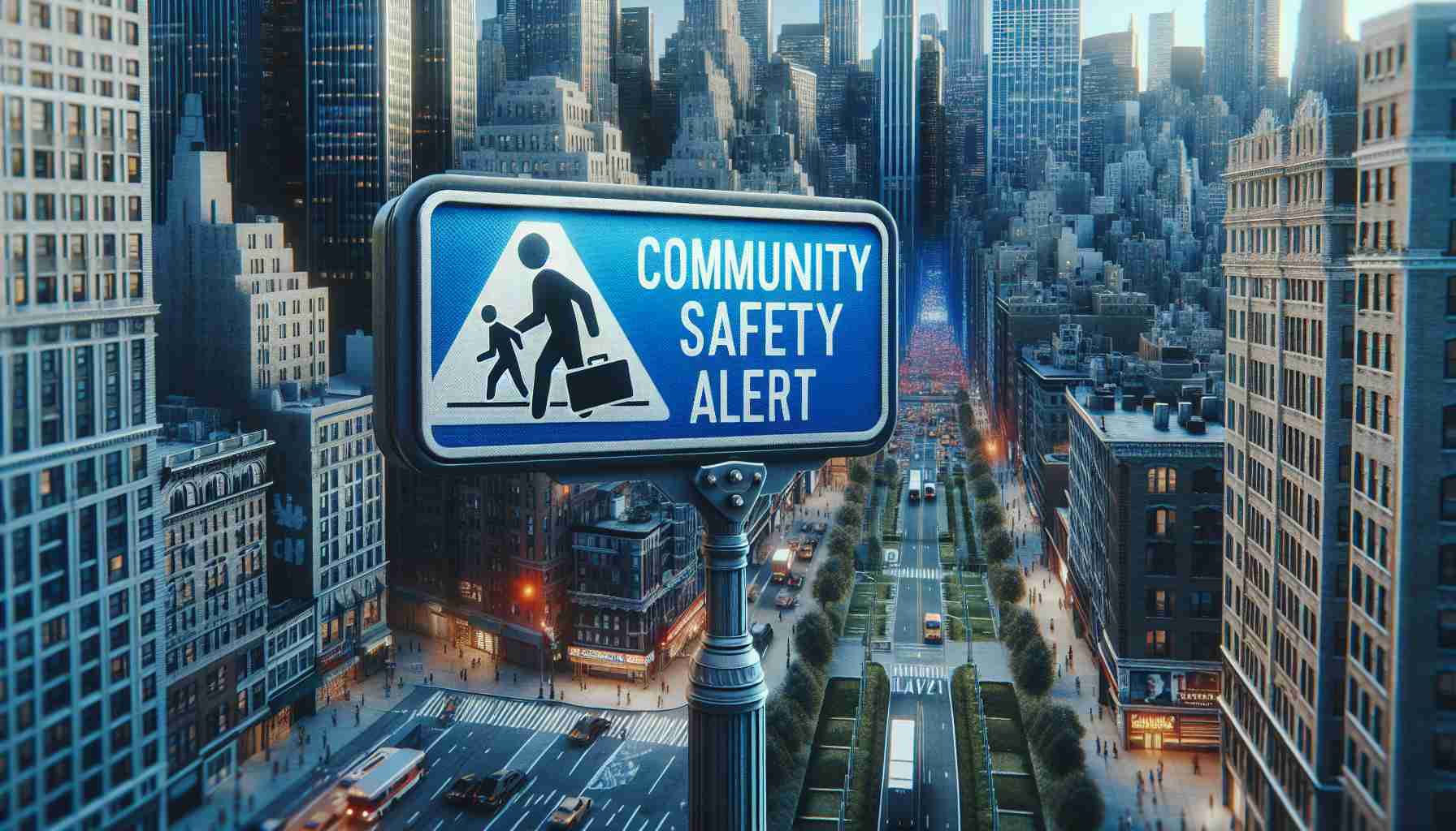 Generate a highly realistic and high-definition image of a 'Community Safety Alert' sign situated in a backdrop of the bustling cityscape of Manhattan, New York. The sign should be clearly visible and the background should feature towering skyscrapers, busy streets and pedestrian walkways, typical of Manhattan's urban panorama.