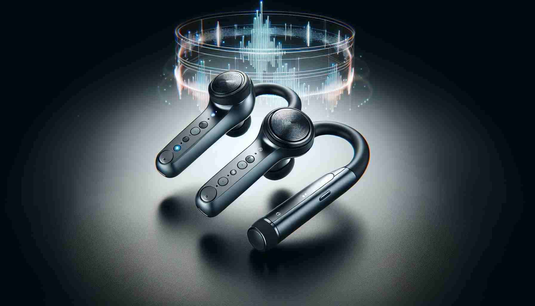 A realistic, high-definition illustration showcasing a pair of cutting-edge earbuds. The earbuds should look highly modern, with sleek lines and advanced features, possibly touch controls or small display screens. They could be of any color and design. Position them to highlight their unique contours and button layout. Another part of the image should also possibly include visualizations of sound waves emanating from the earbuds, symbolizing the revolutionizing listening experience they provide.