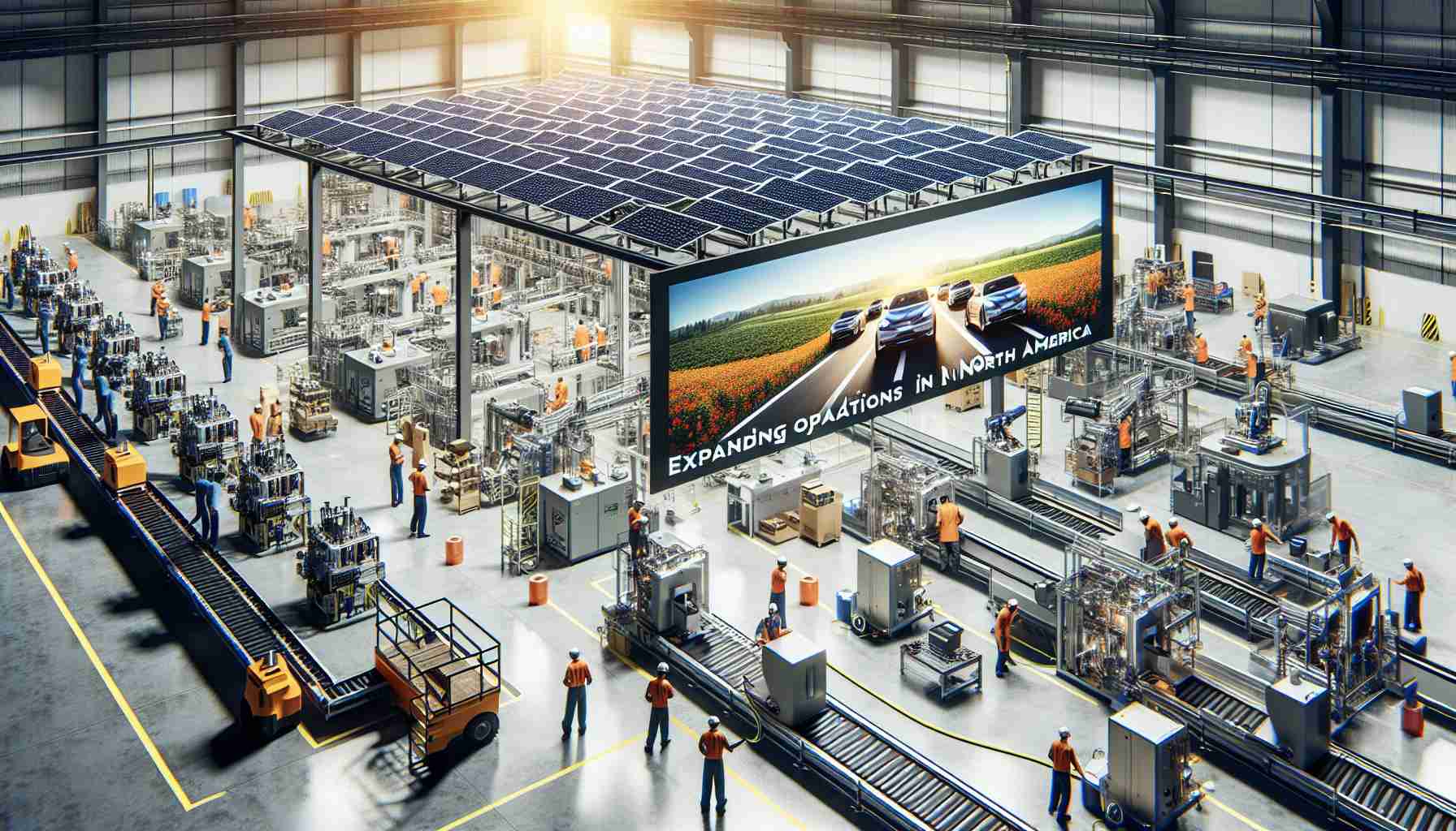 A high-definition, realistic image of a large-scale modern factory with solar panels on the roof, indicating the production of electric vehicle batteries. The scene shows industrial machines, conveyer belts, and several workers, from different descents such as Caucasian, Hispanic, Black, Middle-Eastern, Asian, busily working on the assembly line. Additionally, an expansively large placard is visible in the foreground reading 'Expanding Operations in North America'. The overall tone of the scene suggests growth and innovation in the renewable energy sector.