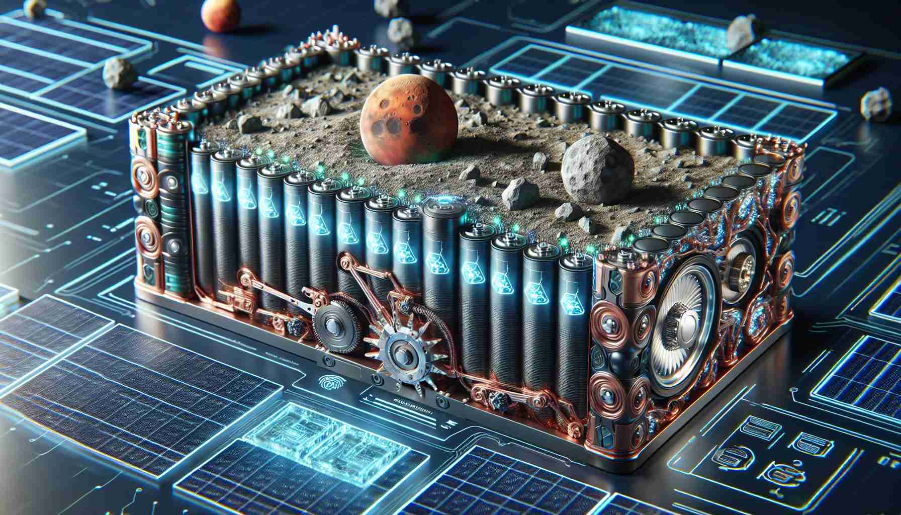 A highly detailed, realistic image showcasing a revolutionary energy storage solution. This innovative design should incorporate Martian materials, suggesting a fusion of earth technologies and extraterrestrial resources. The visual representation of the solution could be a physical device, possibly depicting advanced batteries or power cells. The Martian material aspect can be embodied in unique, otherworldly aesthetics or unusual characteristics of the energy storage. Elements of the image should convey a sense of excitement and progress in the field of renewable energy technologies.