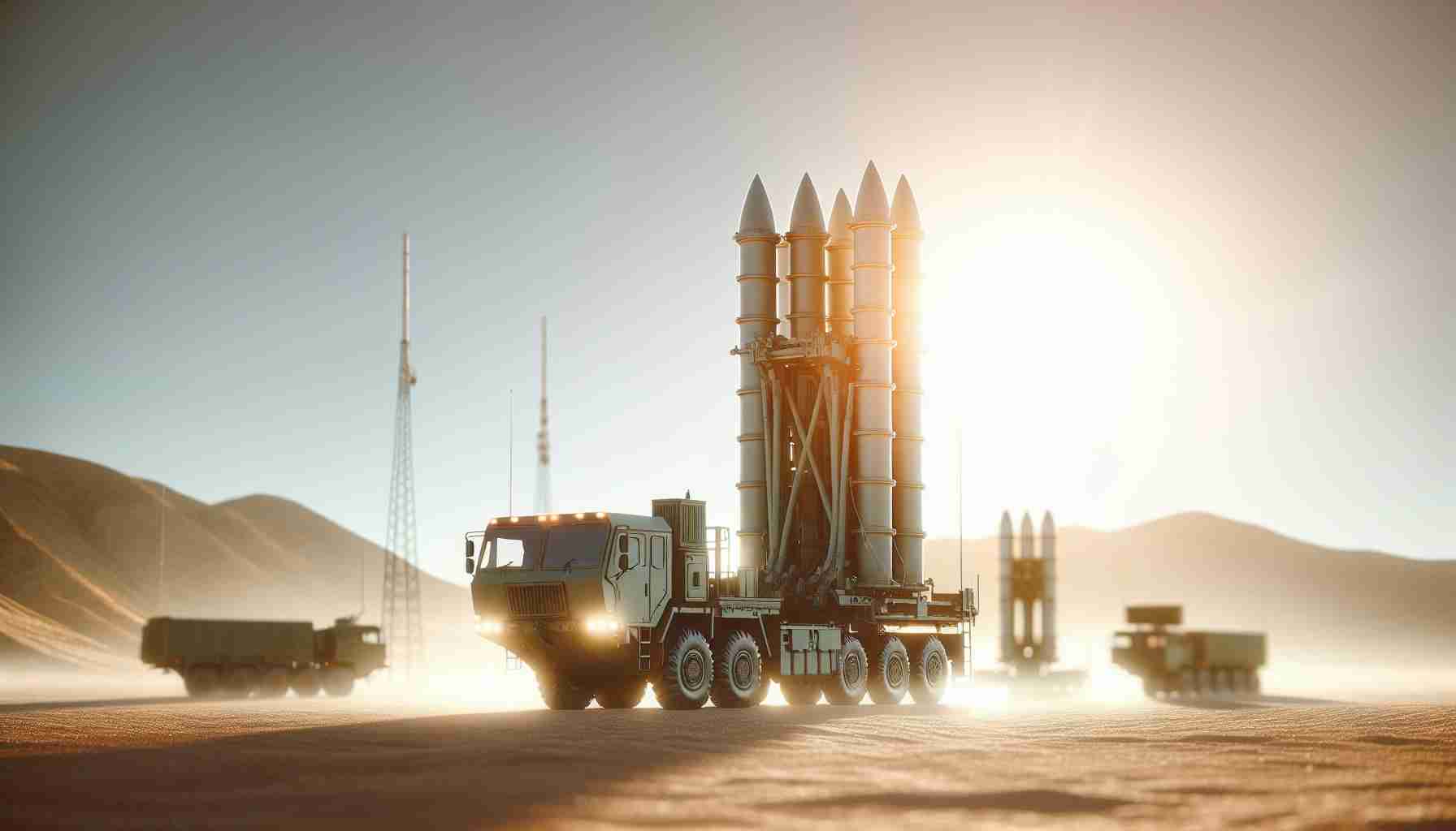 A high-definition, realistic image of an unidentified country deploying a system similar to the THAAD Defense System. This is set against the backdrop of a sunlit landscape, probably a desert, with clear, cloudless skies. Blurred in the backdrop are some nondescript military buildings. The defense system itself stands tall, composed of a large truck-based launching pad that holds multiple missile interceptors ready to be launched. The scene conveys a powerful sense of vigilance and readiness.