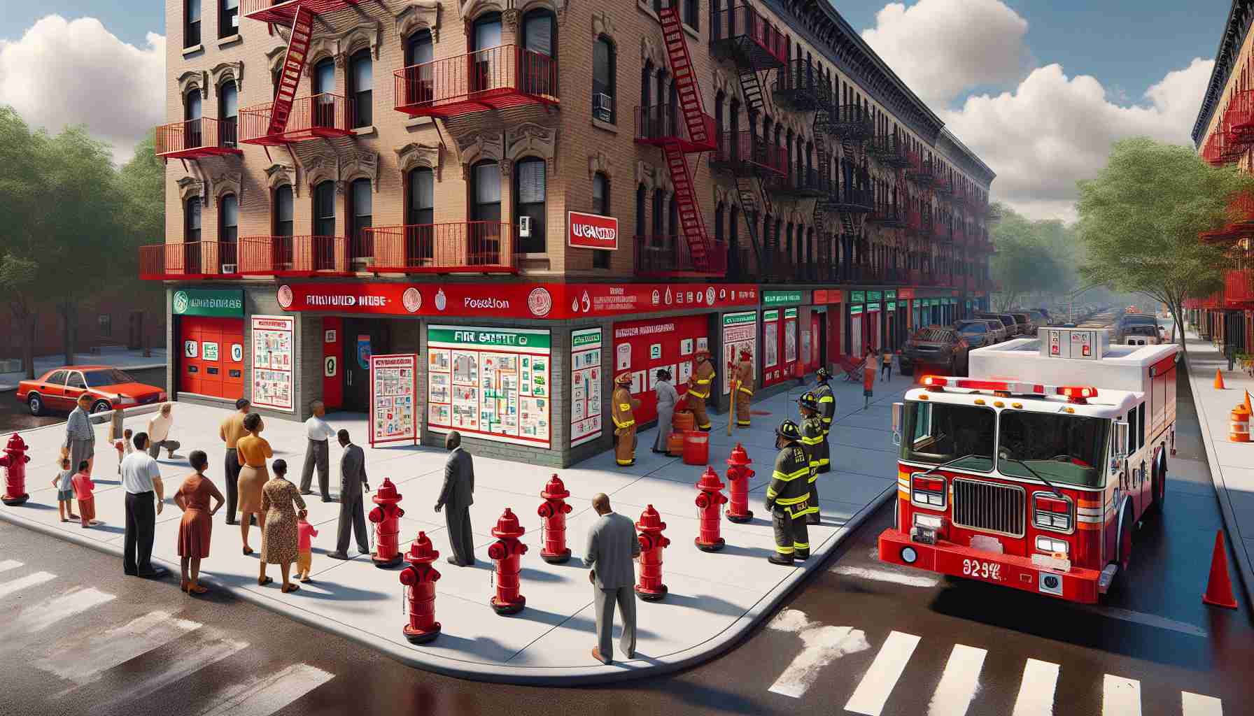 A high-definition, realistic image capturing the newly introduced fire safety measures in a Bronx neighborhood. The scene includes red, state-of-the-art fire hydrants installed at various intersections, and fire-resistant building materials conspicuously incorporated into the housing construction. There are also informative signage and brightly colored fire safety diagrams posted in prominent locations. Residents of varied descents and genders are seen looking at the measures with interest, and some are engaging in a mock fire drill. An upgraded, brightly painted fire truck is parked nearby, staffed by a balanced team of male and female firefighters of different descents.