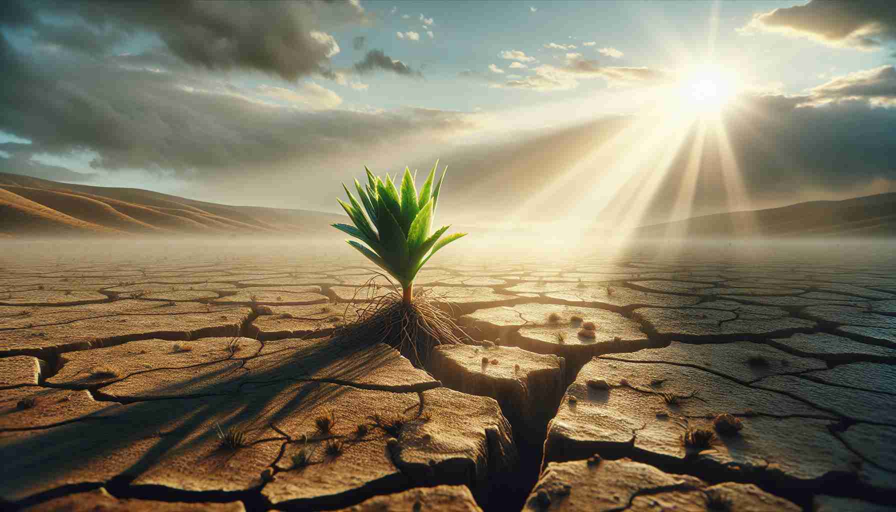 Realistic high-definition photo portraying the concept of 'Inspirational Growth After Adversity'. The main scene should include a resilient plant breaking through the cracks of a dry and rough terrain, symbolizing the triumph of growth over adversity. The weather is starting to clear, and soft sunlight beams illuminate the plant, casting long shadows behind it. The background should fade into the distance, hinting at wide-open landscapes beyond. The color palette should contain hues of earth, green for the vibrant plant, and soft yellows and blues for the evolving skies.