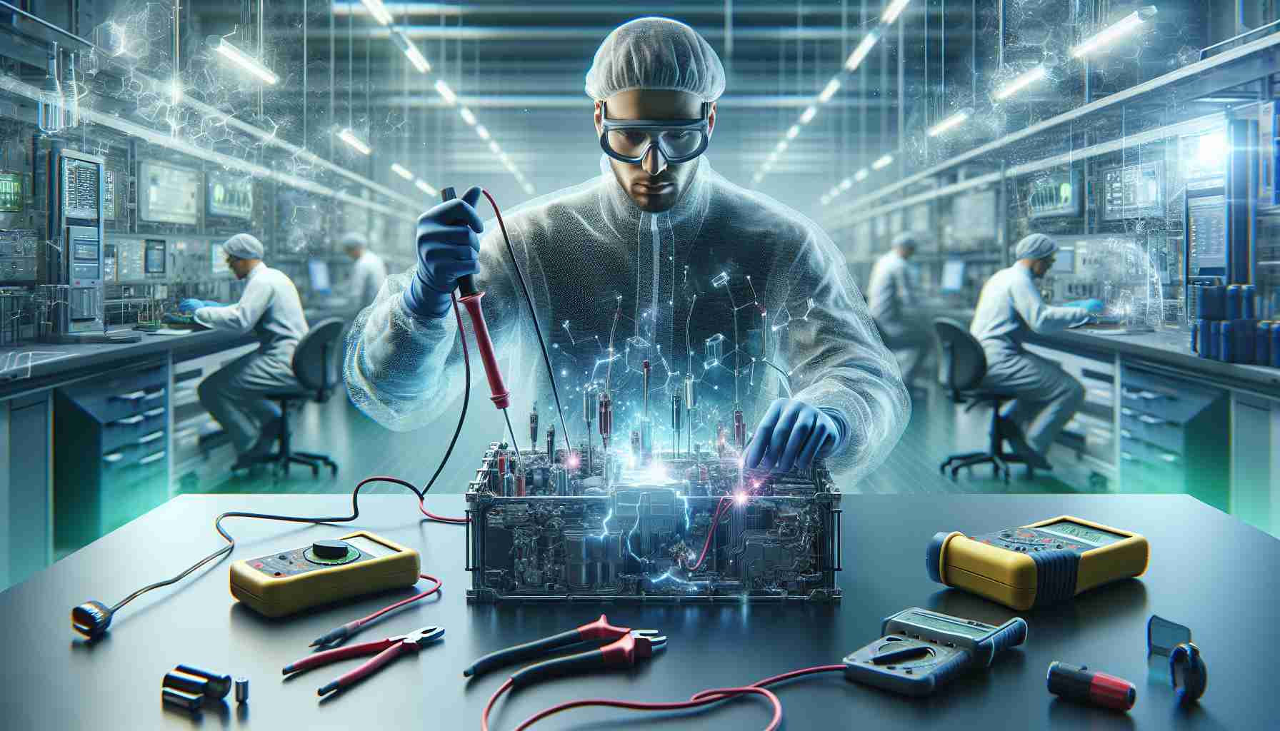 A highly-detailed, realistic image showcasing innovative techniques for managing battery-induced incidents. It may include a demonstration of a researcher, of any descent and gender, in a safe laboratory environment employing the latest technology to cope with a potential battery failure. Tools like digital multimeters, insulating gloves, and safety goggles could be illustrated. A damaged battery might be placed in a purpose-built container that is designed to contain any possible hazardous chemical leakage or explosion.