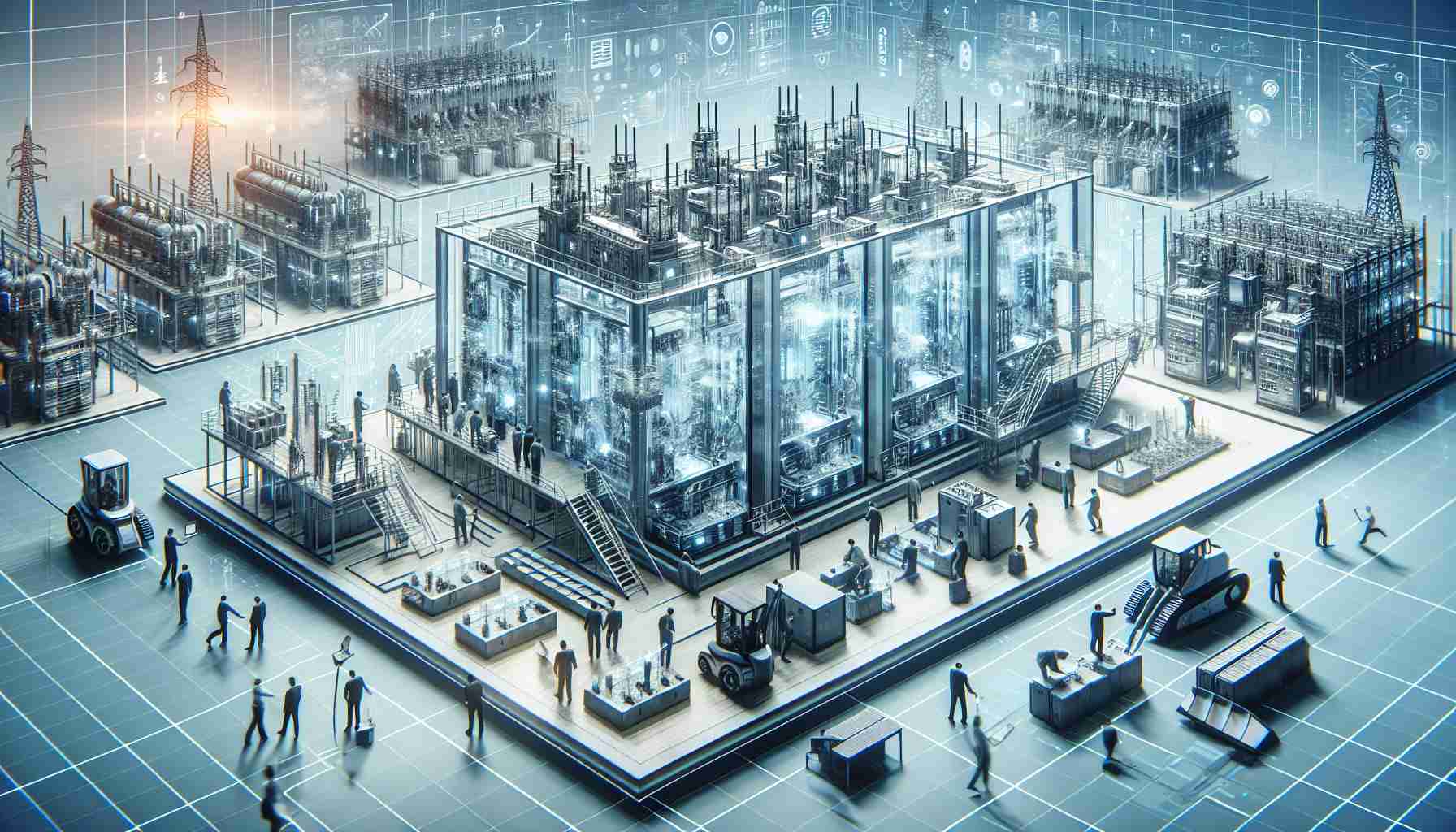 Detailed and realistic high-definition image showcasing ground-breaking, next-generation technology being used to transform the world of energy storage. Conceptually, this includes cutting-edge machinery, futuristic interfaces and high-tech facilities -- all designed and constructed around the ethos of sustainability. Multiple people of various descents and genders can be seen diligently working, putting their intellectual prowess into this transformative endeavour.