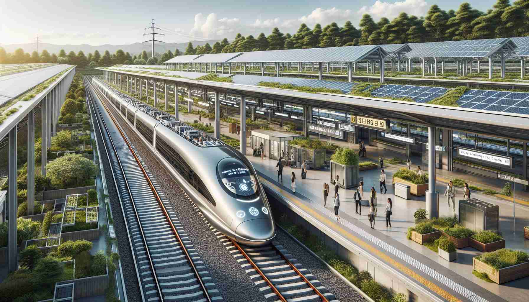 A highly-detailed, realistic image showcasing revolutionized rail travel. Set the scene at a futuristic railway station with a cutting-edge battery-powered train on the track. The train is sleek, modern, and aerodynamic with visible symbols indicating it's powered by advanced battery technology. Display assorted passengers of varying genders and descents, with clear anticipation and excitement about this cleaner and efficient method of transportation. Depict the surrounding environment as eco-friendly, perhaps solar panels on the station building, lush greenery around, and a clear sky, suggesting a promising and sustainable future. Avoid representation of any specific brand or company.