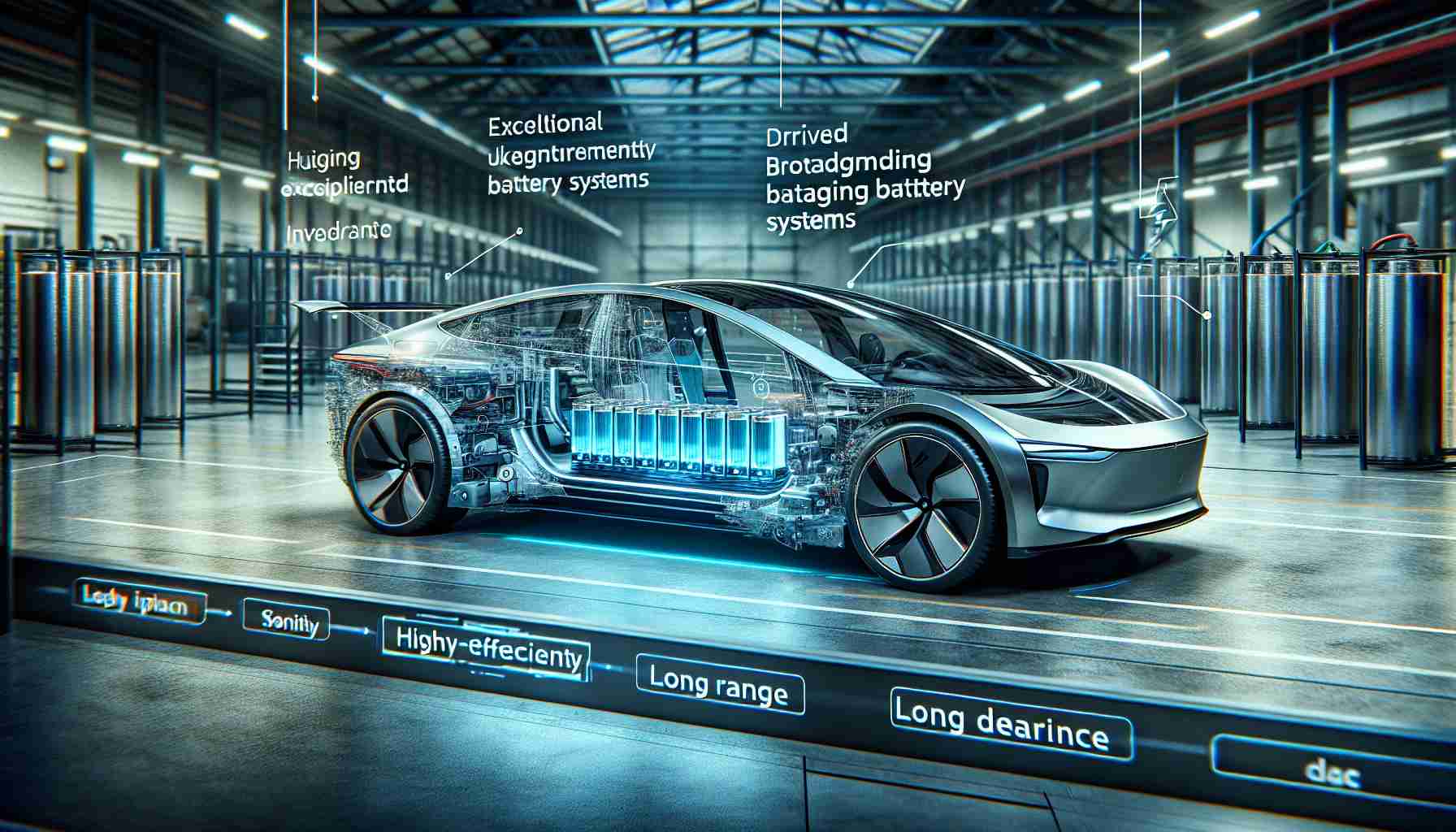 A realistic, high-definition scene showcasing the revolution in electric vehicle technology driven by groundbreaking advancements in battery systems. The focus of the image should be a cutting-edge electric car, with sleek, modern design elements that bring out its futuristic appeal. The car should be fitted with an exceptional, innovative battery pack, visible partly through a semi-transparent cutaway of the vehicle. Graphics and annotations hinting at high energy efficiency, long range and durability of the battery should accompany. The setting could be a high-tech facility, reflecting energy-efficient and sustainable values.